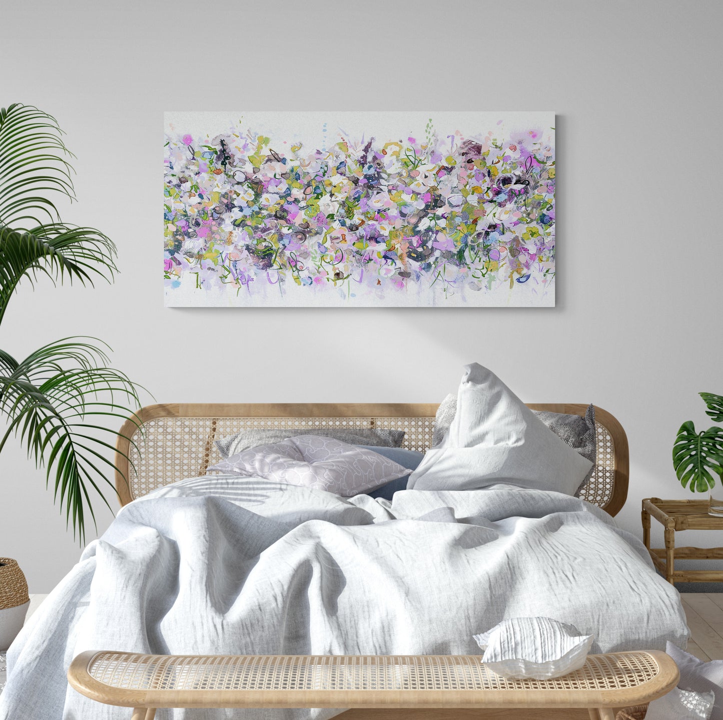 Pink, Purple and White Abstract Floral Art Panoramic Giclee Print on Stretched Canvas