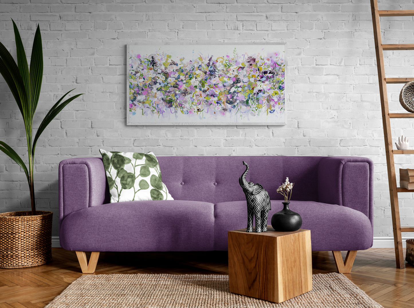 Pink, Purple and White Abstract Floral Art Panoramic Giclee Print on Stretched Canvas