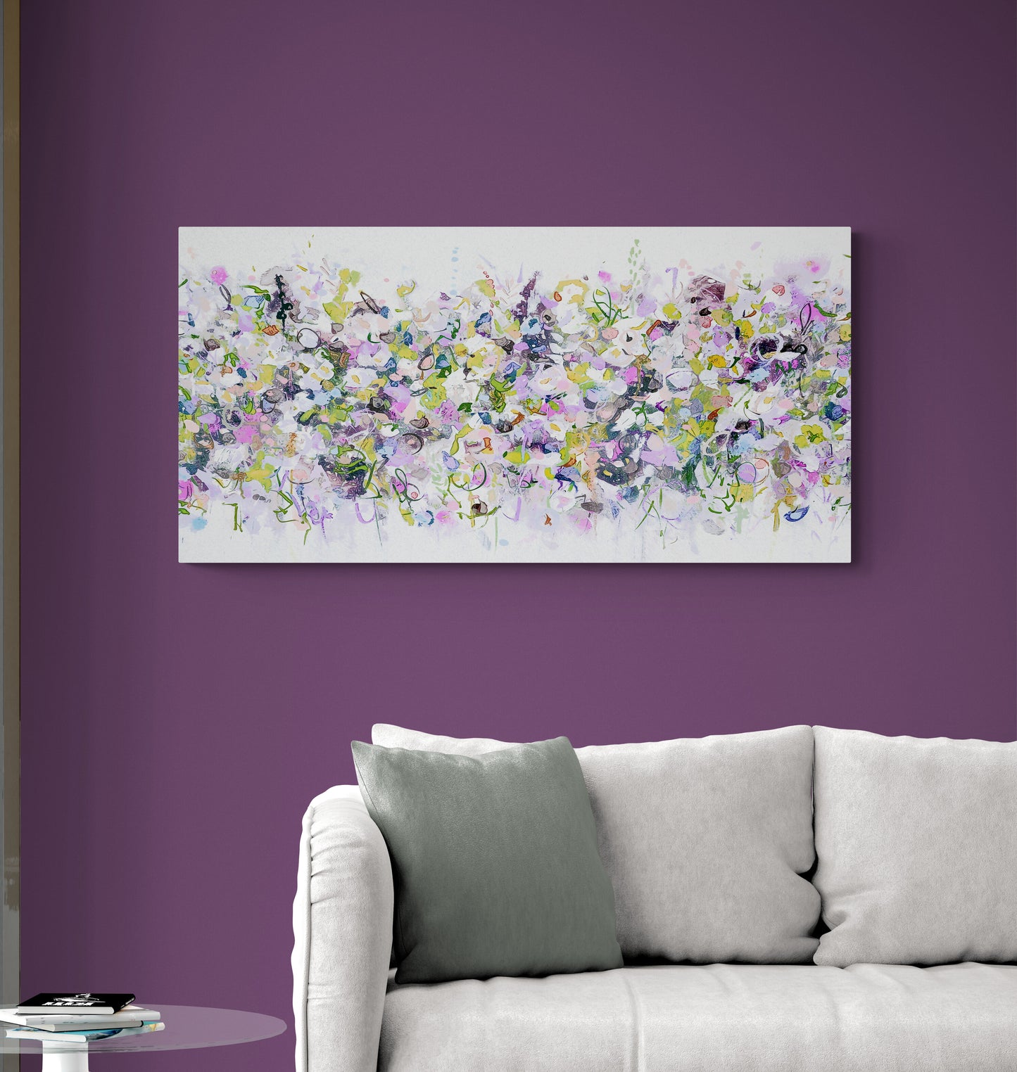 Pink, Purple and White Abstract Floral Art Panoramic Giclee Print on Stretched Canvas