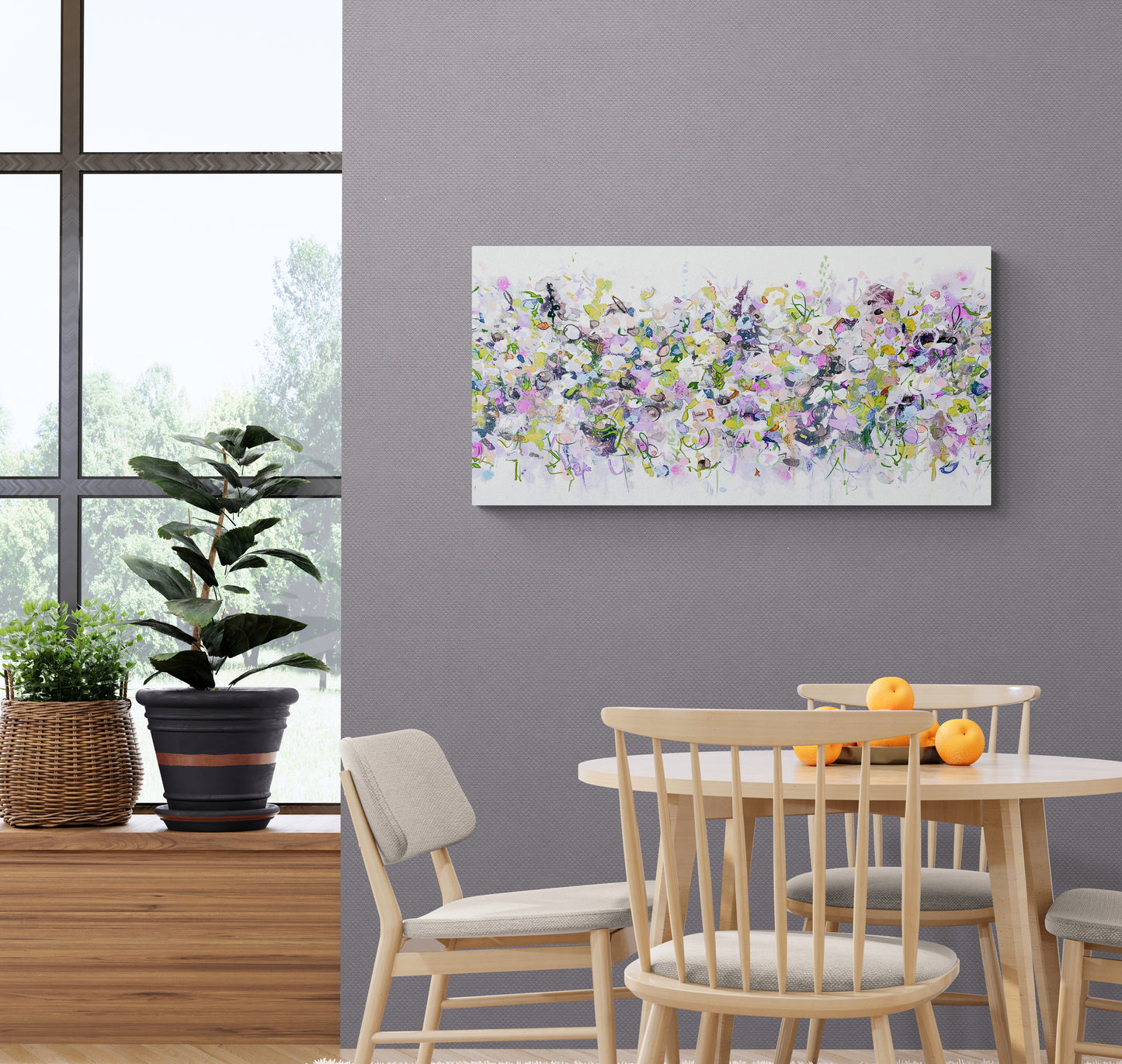 Pink, Purple and White Abstract Floral Art Panoramic Giclee Print on Stretched Canvas