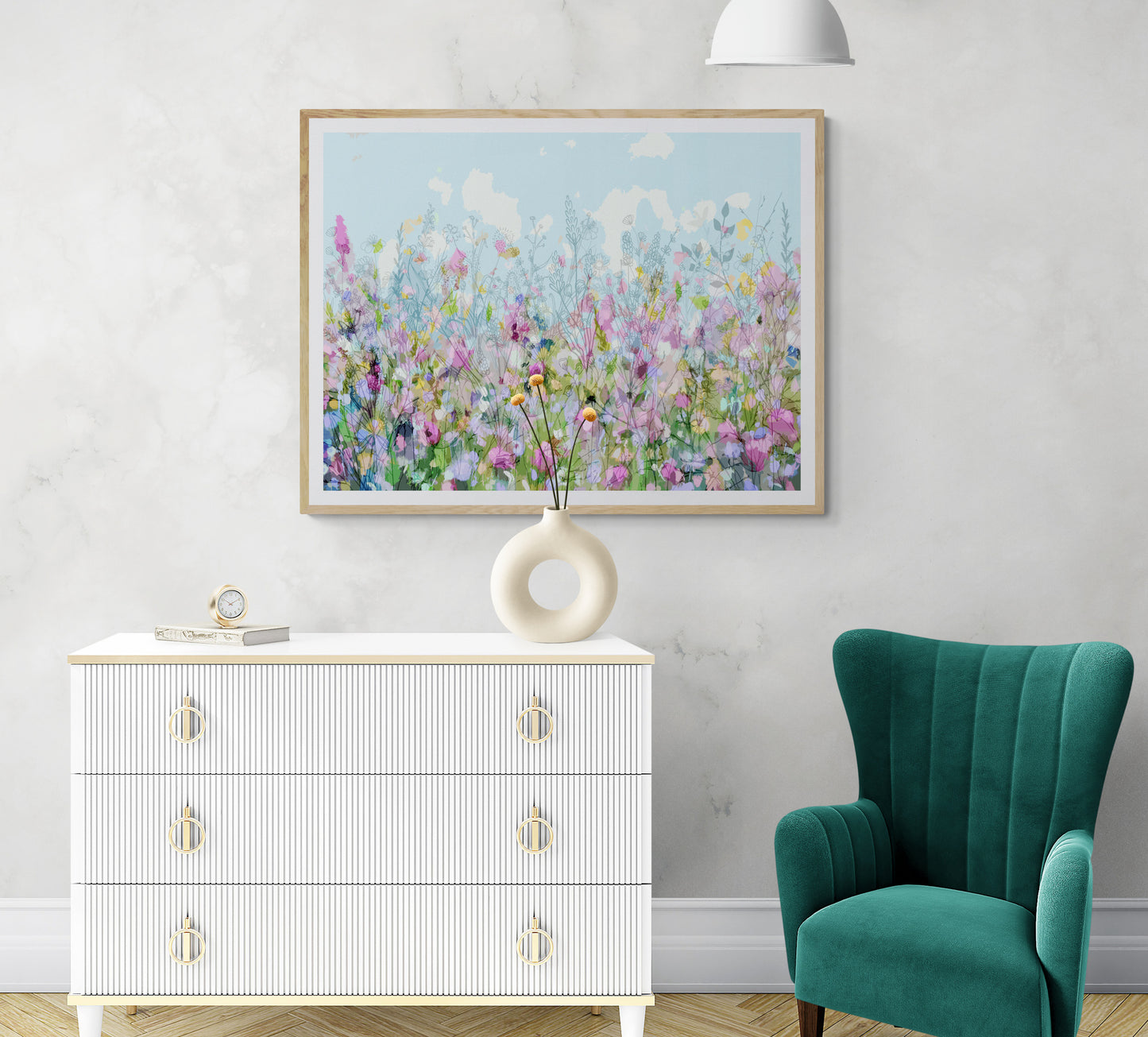 Abstract Floral Meadow in Blue and Pink