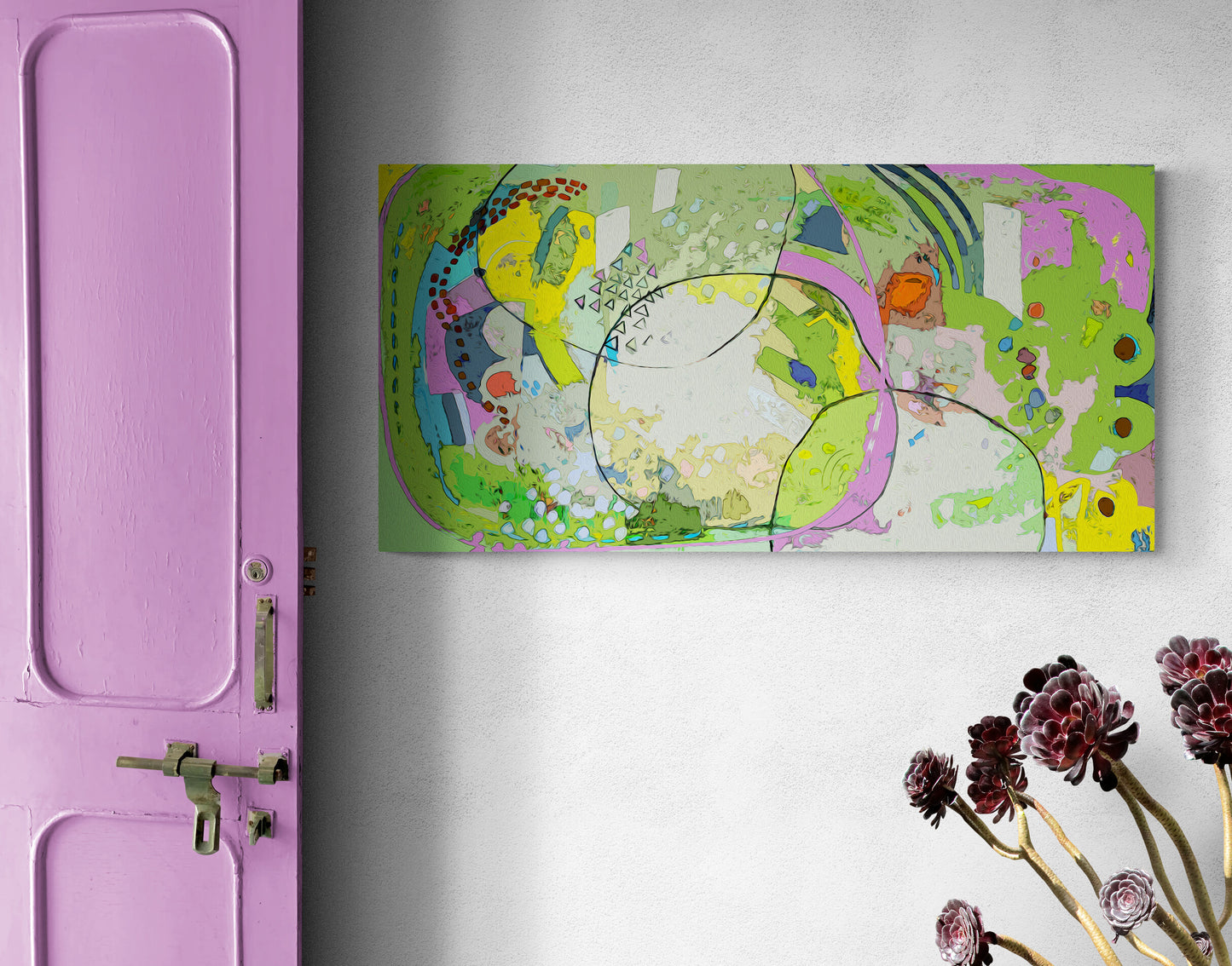 Large Green Abstract Wall Art Panoramic Giclee Print on Stretched Canvas
