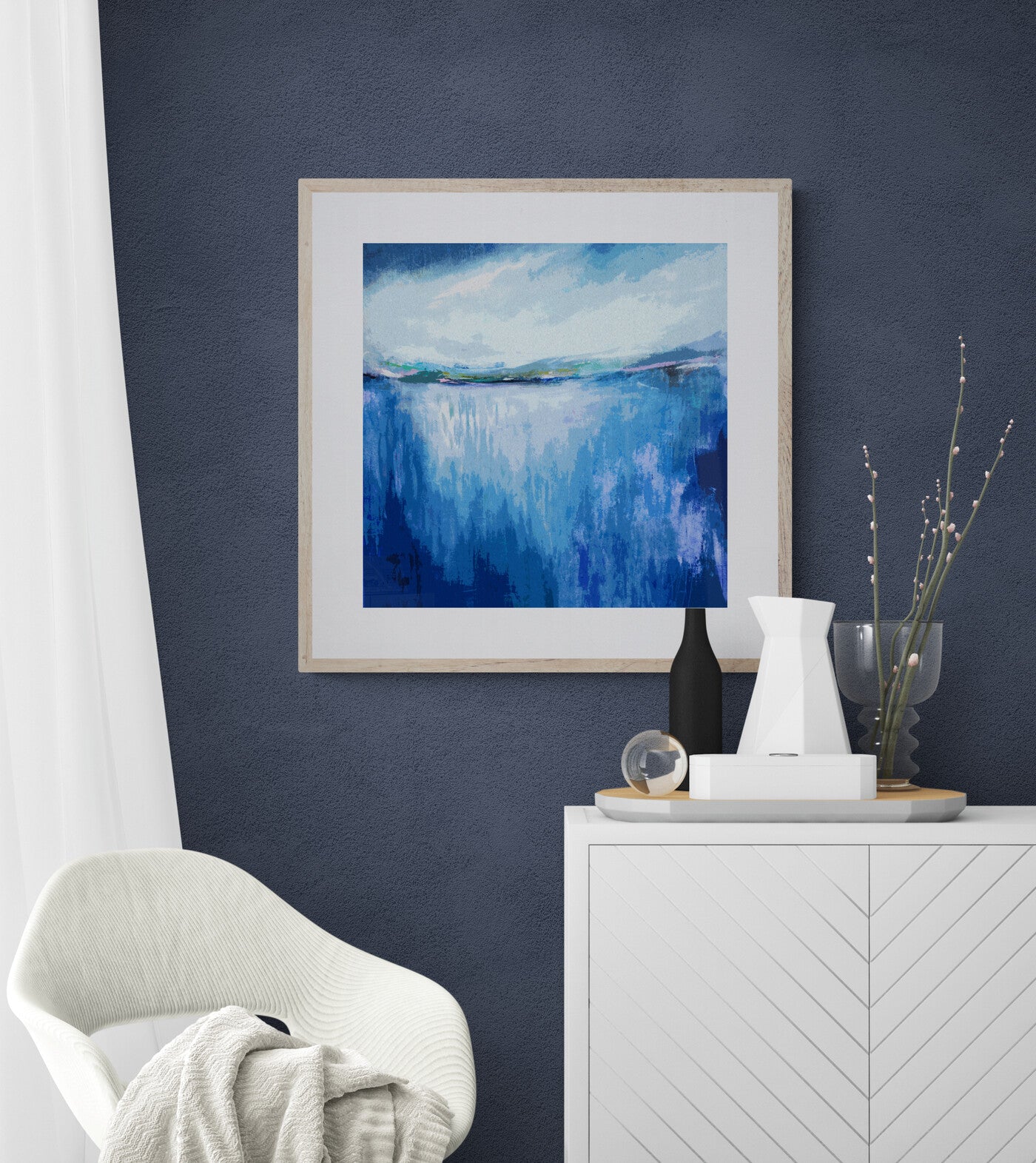 blue abstract landscape print on paper