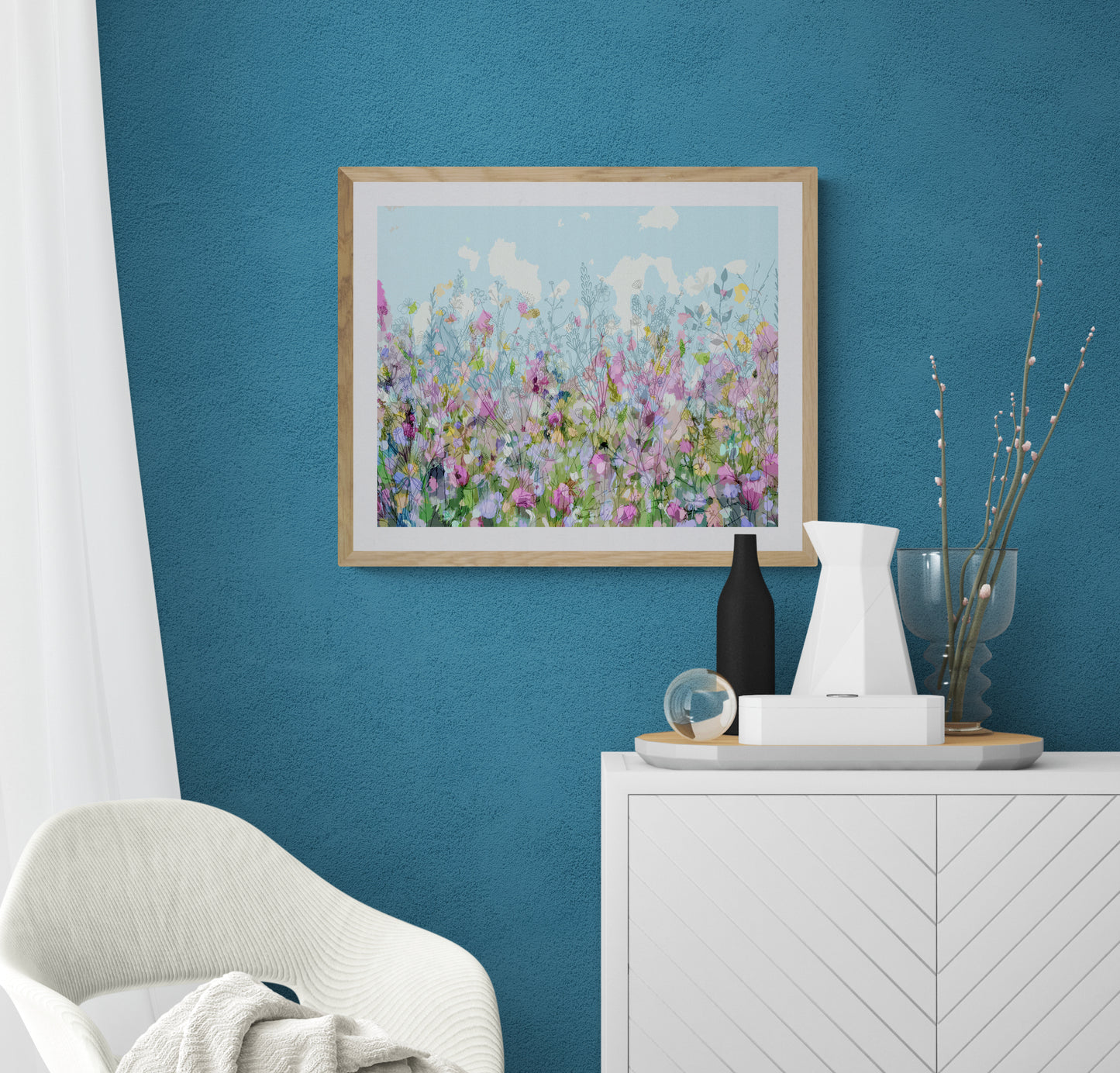 Abstract Floral Meadow in Blue and Pink