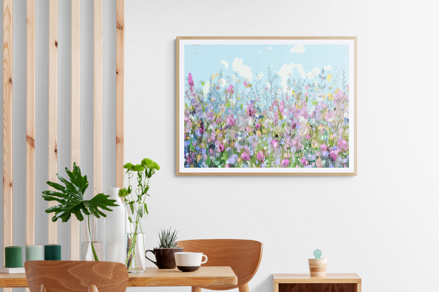 Abstract Floral Meadow in Blue and Pink