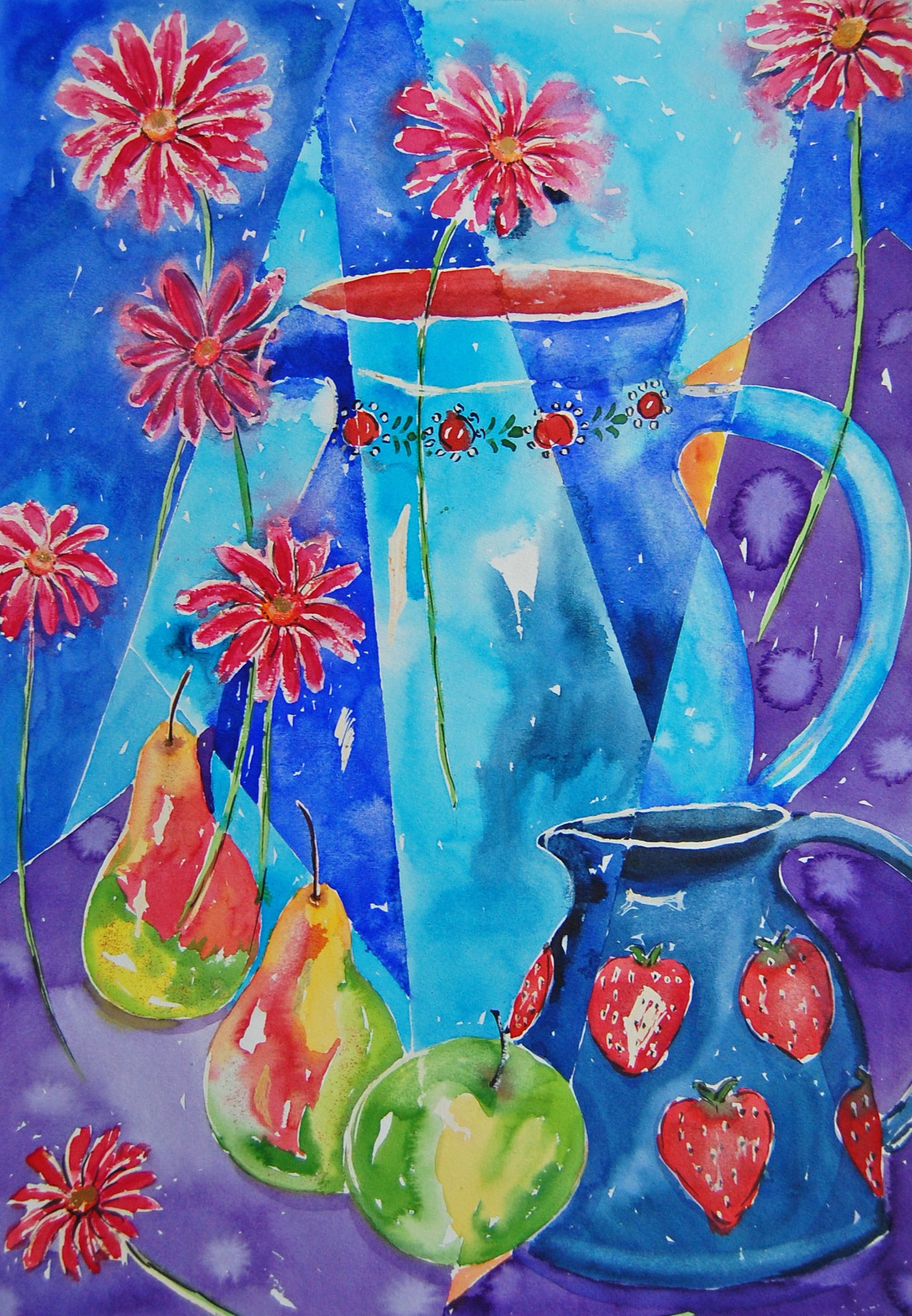 Blue Jug Red Fowers - Original Painting