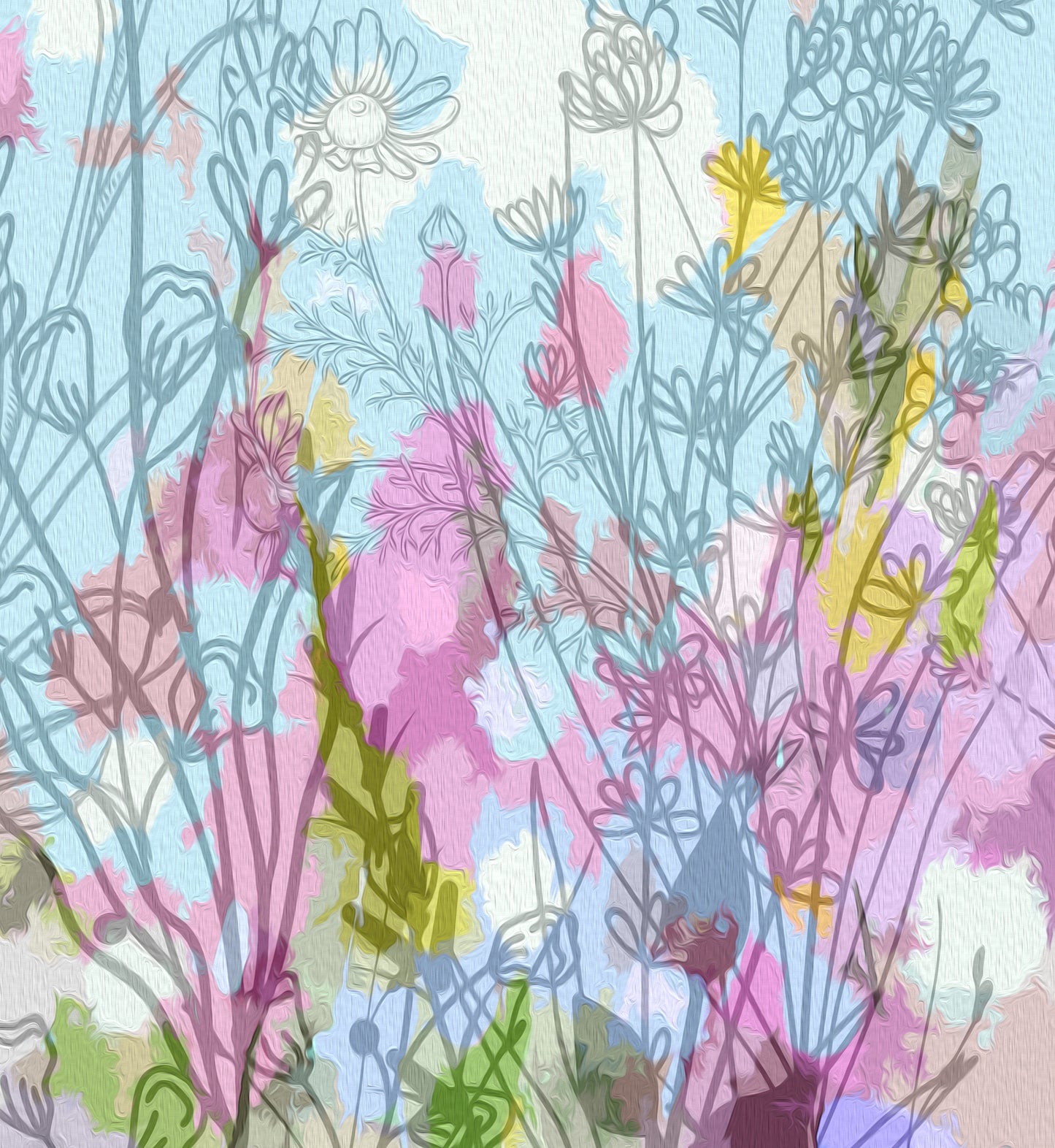 Abstract Floral Meadow in Blue and Pink