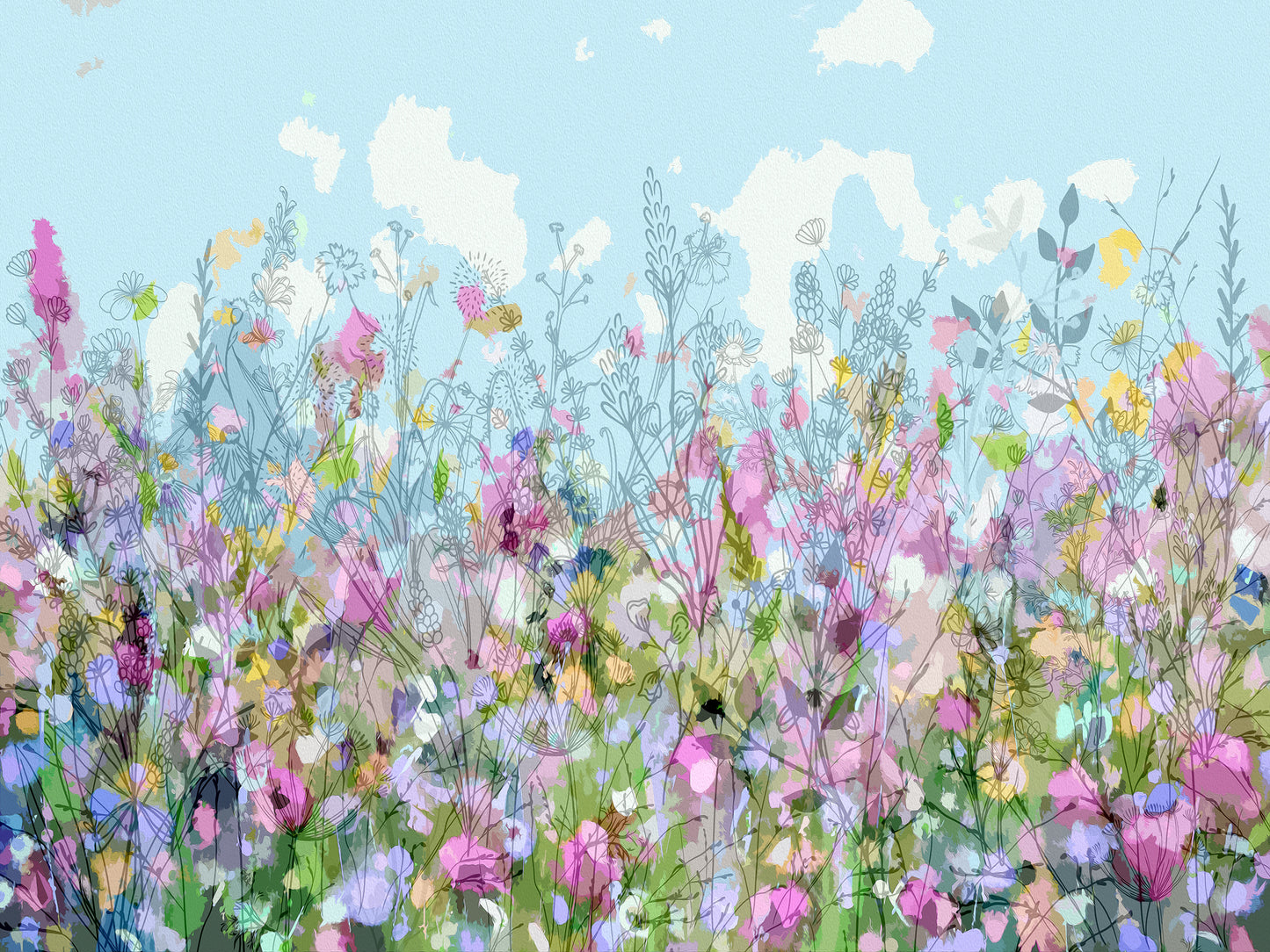 Abstract Floral Meadow in Blue and Pink