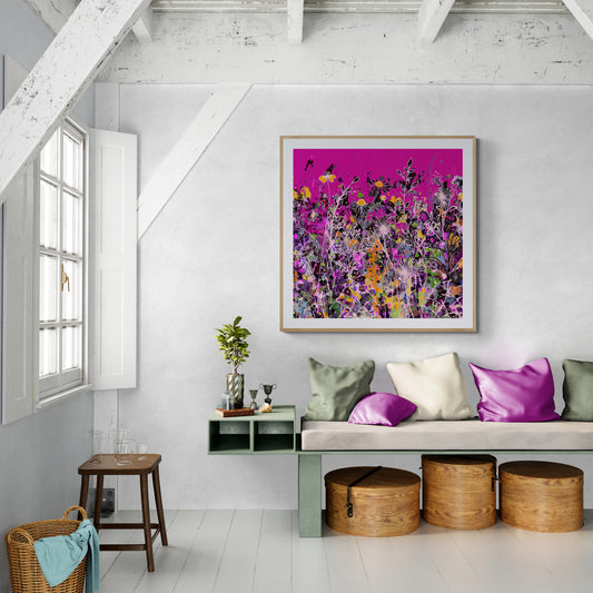 Magenta Floral Meadow Wall Art Print on Stretched Canvas or Fine Art Paper