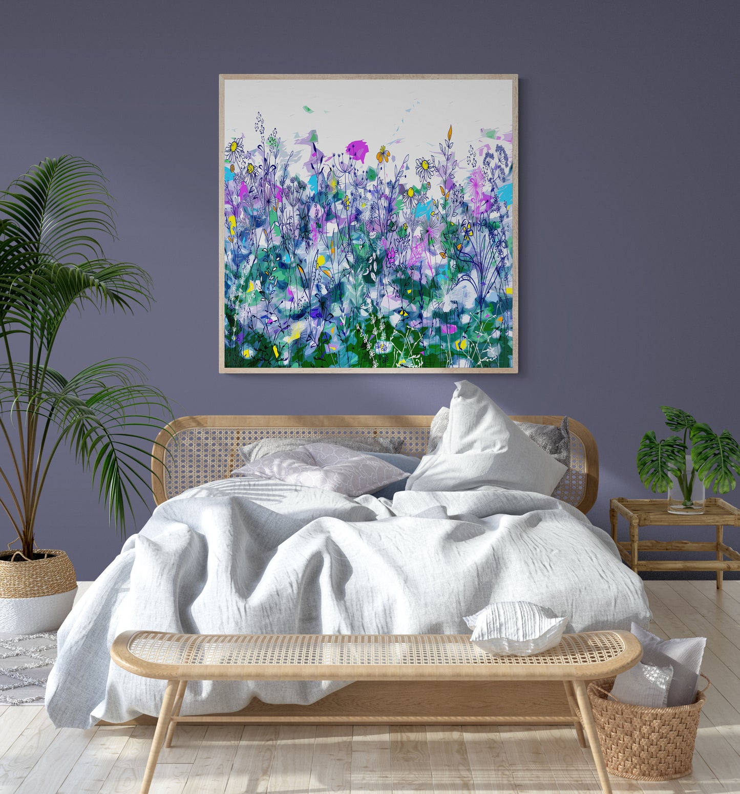 Purple and Green Floral Meadow Wall Art Print on Stretched Canvas or Fine Art Paper - DM40