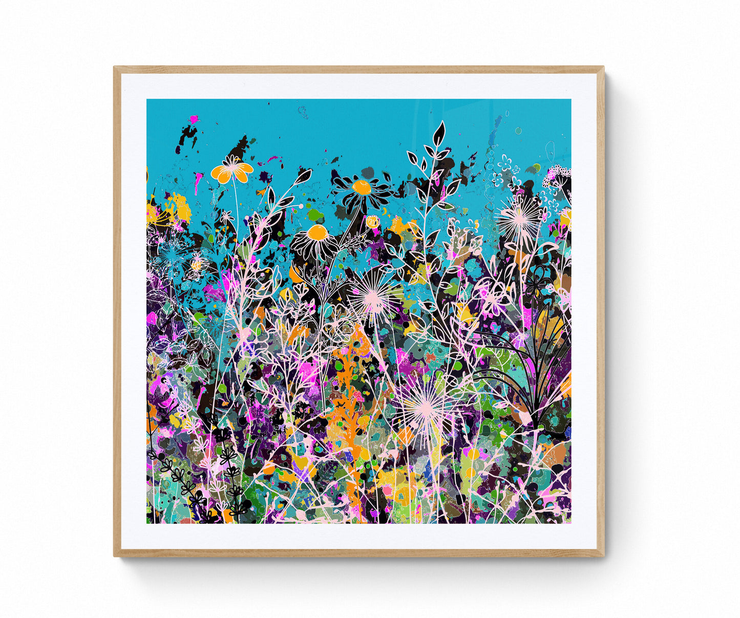 Teal Floral Meadow Wall Art Print on Stretched Canvas or Fine Art Paper
