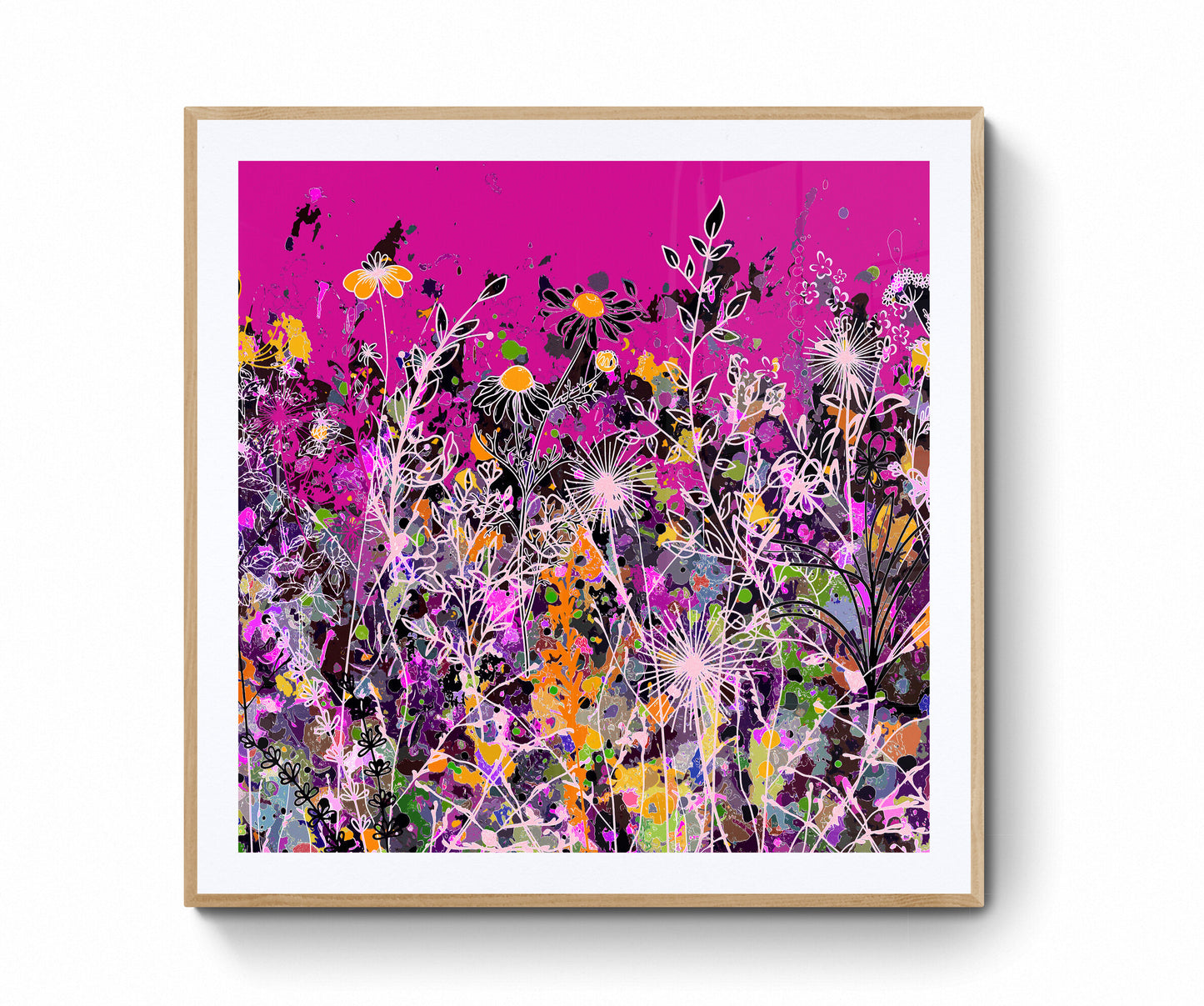 Magenta Floral Meadow Wall Art Print on Stretched Canvas or Fine Art Paper