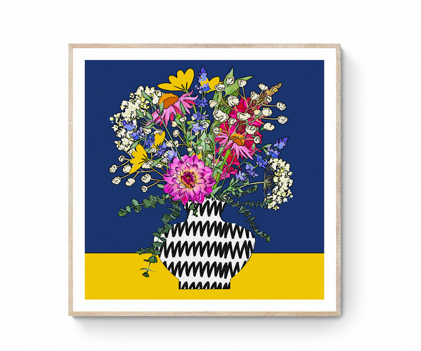 Navy and Yellow Floral Bouquet Wall Art Print on Stretched Canvas or Fine Art Paper