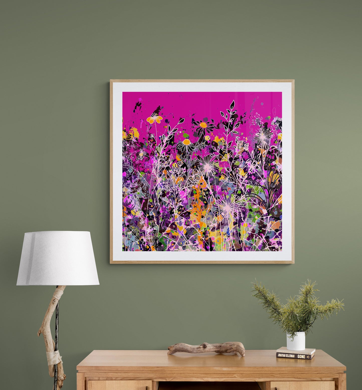 Magenta Floral Meadow Wall Art Print on Stretched Canvas or Fine Art Paper