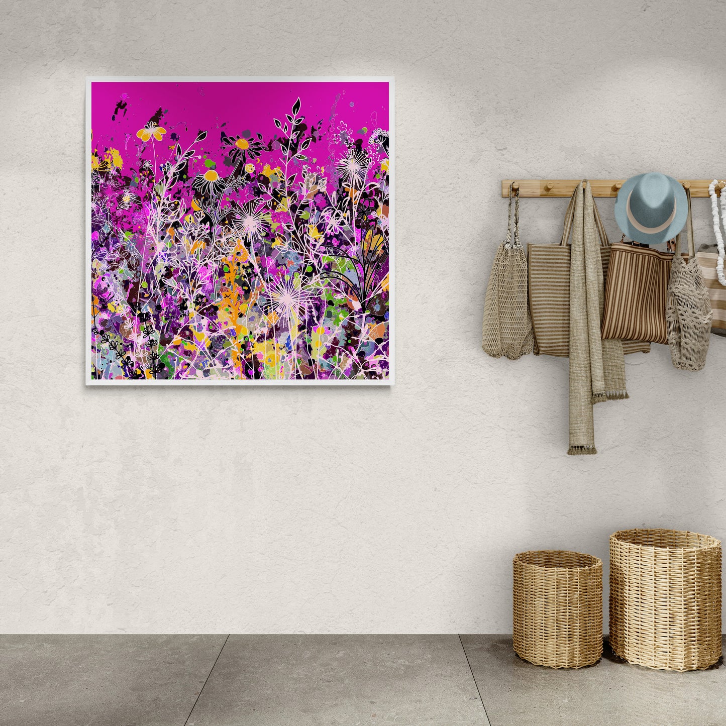 Magenta Floral Meadow Wall Art Print on Stretched Canvas or Fine Art Paper