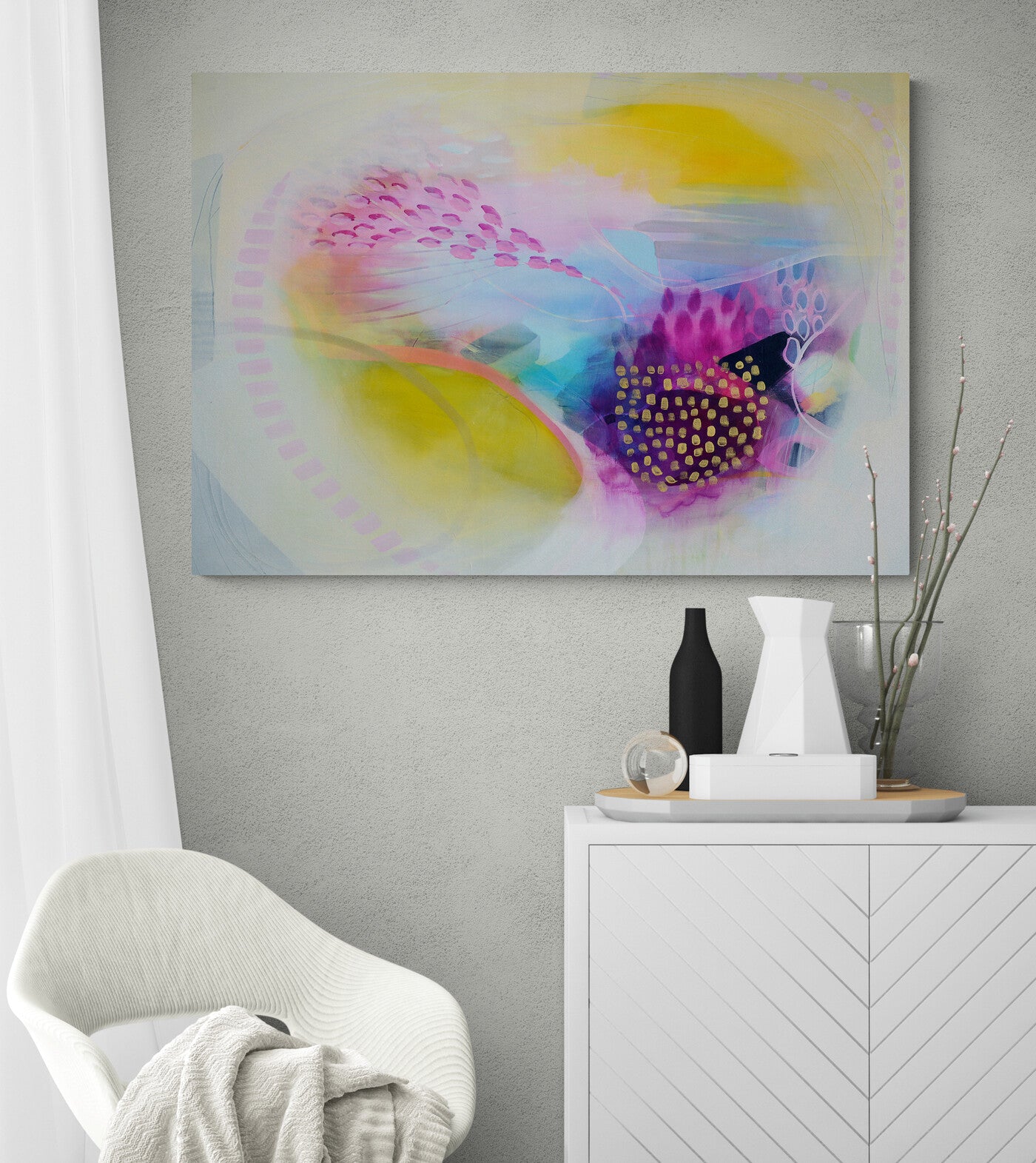 Expressive Abstract Wall Art Print in shades of Yellow, Pink and Blue