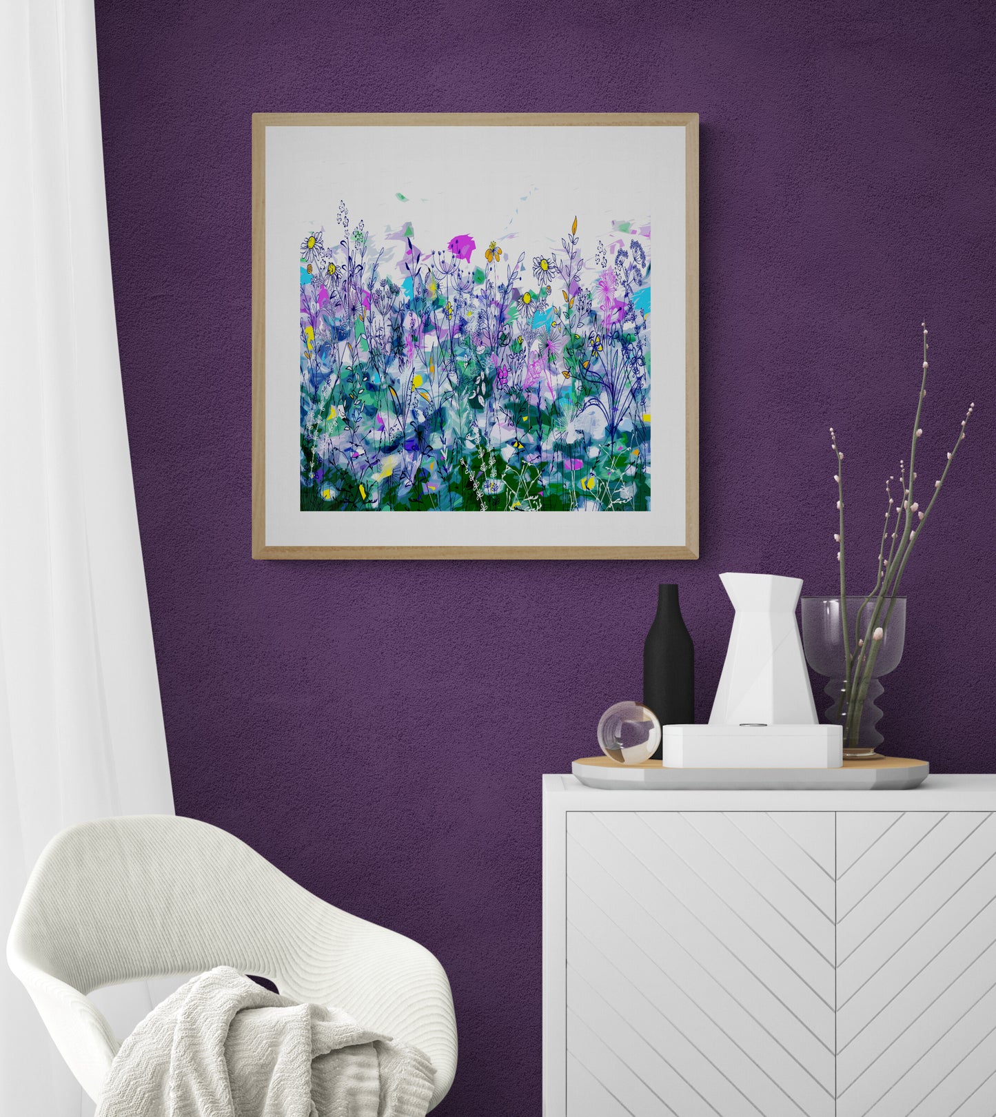 Purple and Green Floral Meadow Wall Art Print on Stretched Canvas or Fine Art Paper - DM40