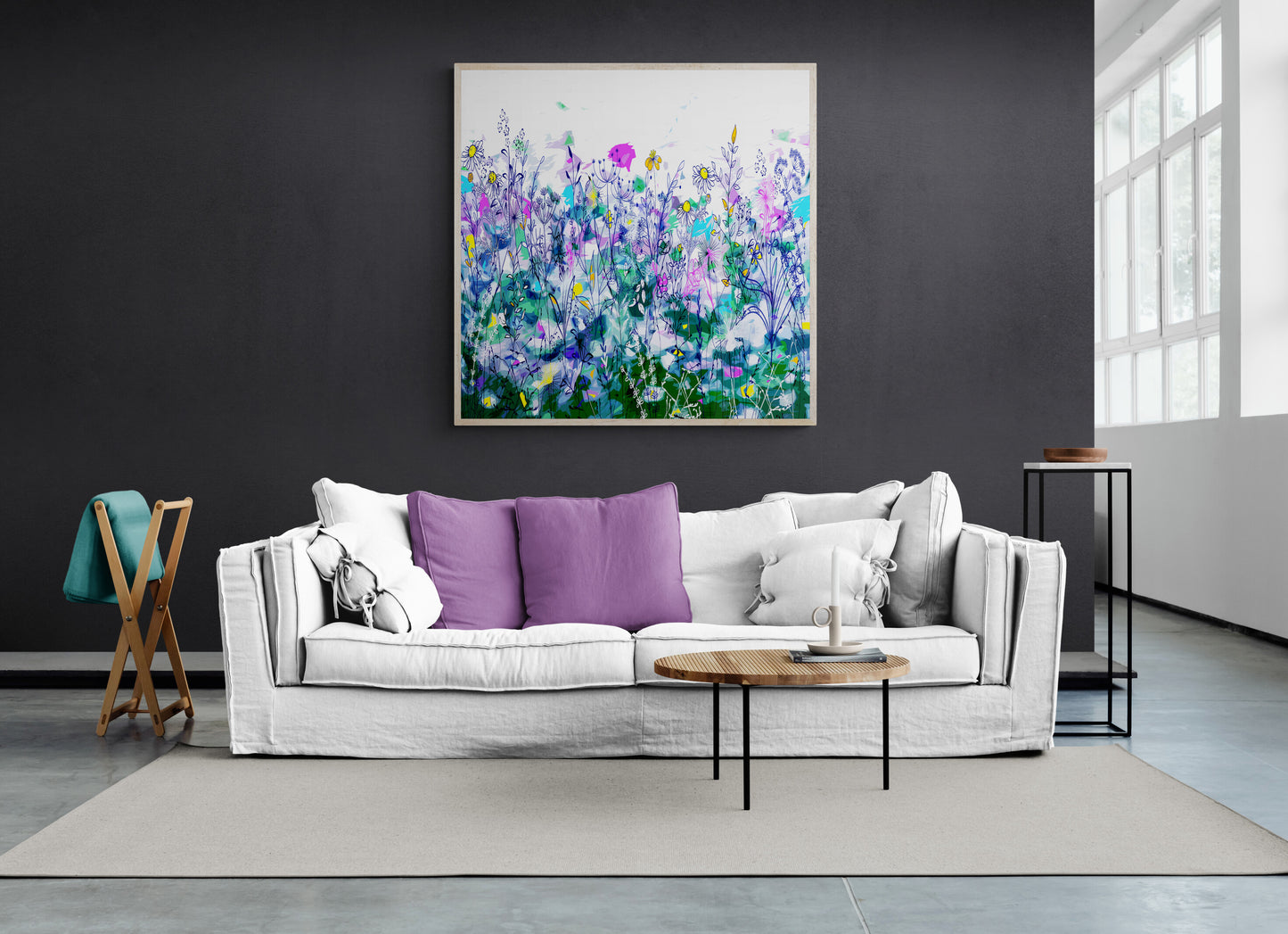 Purple and Green Floral Meadow Wall Art Print on Stretched Canvas or Fine Art Paper - DM40