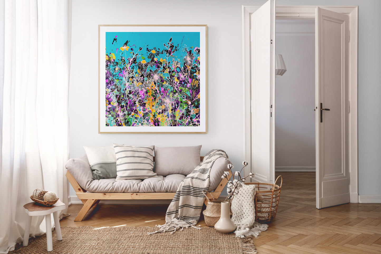 Teal Floral Meadow Wall Art Print on Stretched Canvas or Fine Art Paper