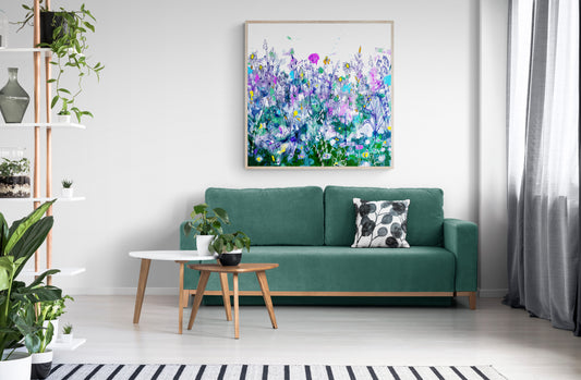 Purple and Green Floral Meadow Wall Art Print on Stretched Canvas or Fine Art Paper - DM40