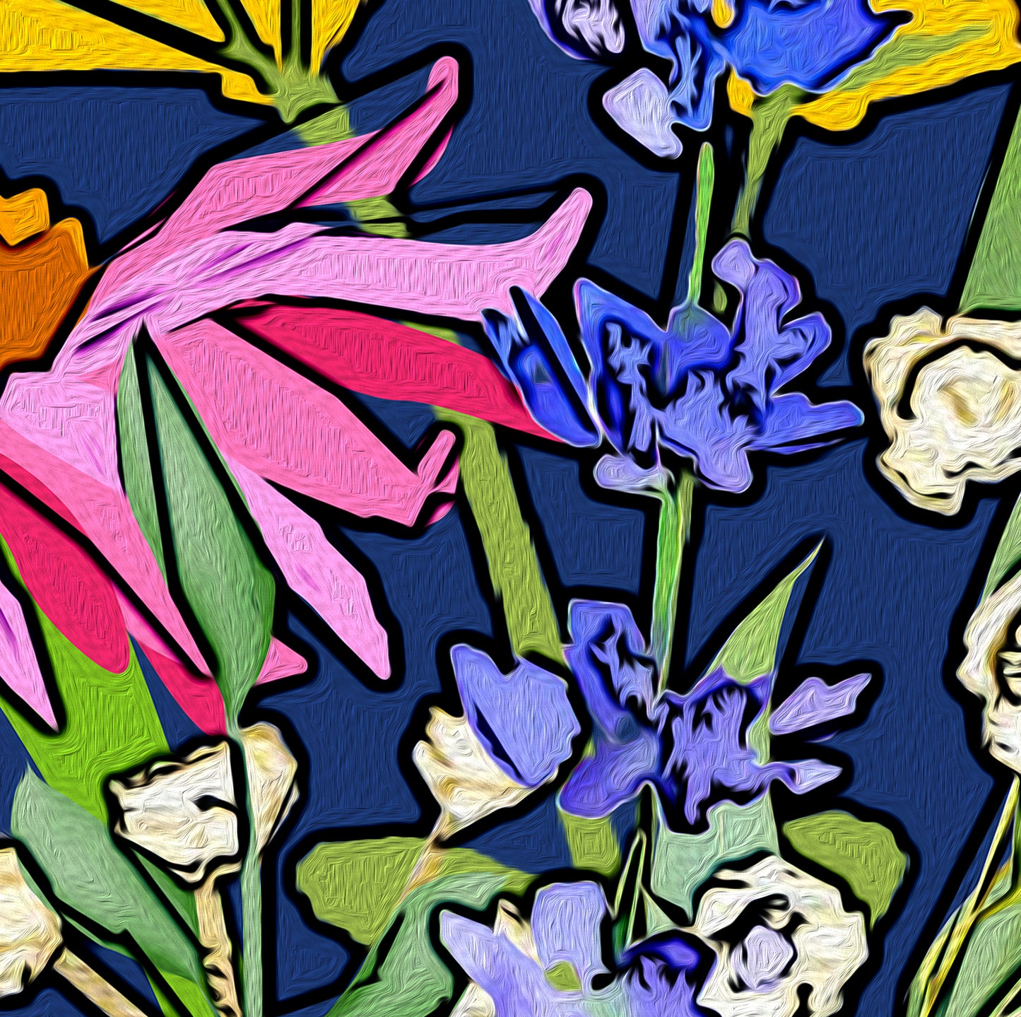 Navy and Yellow Floral Bouquet Wall Art Print on Stretched Canvas or Fine Art Paper