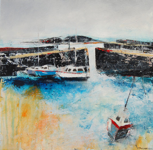 Boats in Mousehole Harbour - Original Mixed Media Painting