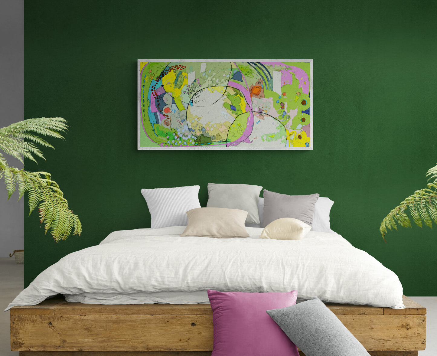 Large Green Abstract Wall Art Panoramic Giclee Print on Stretched Canvas