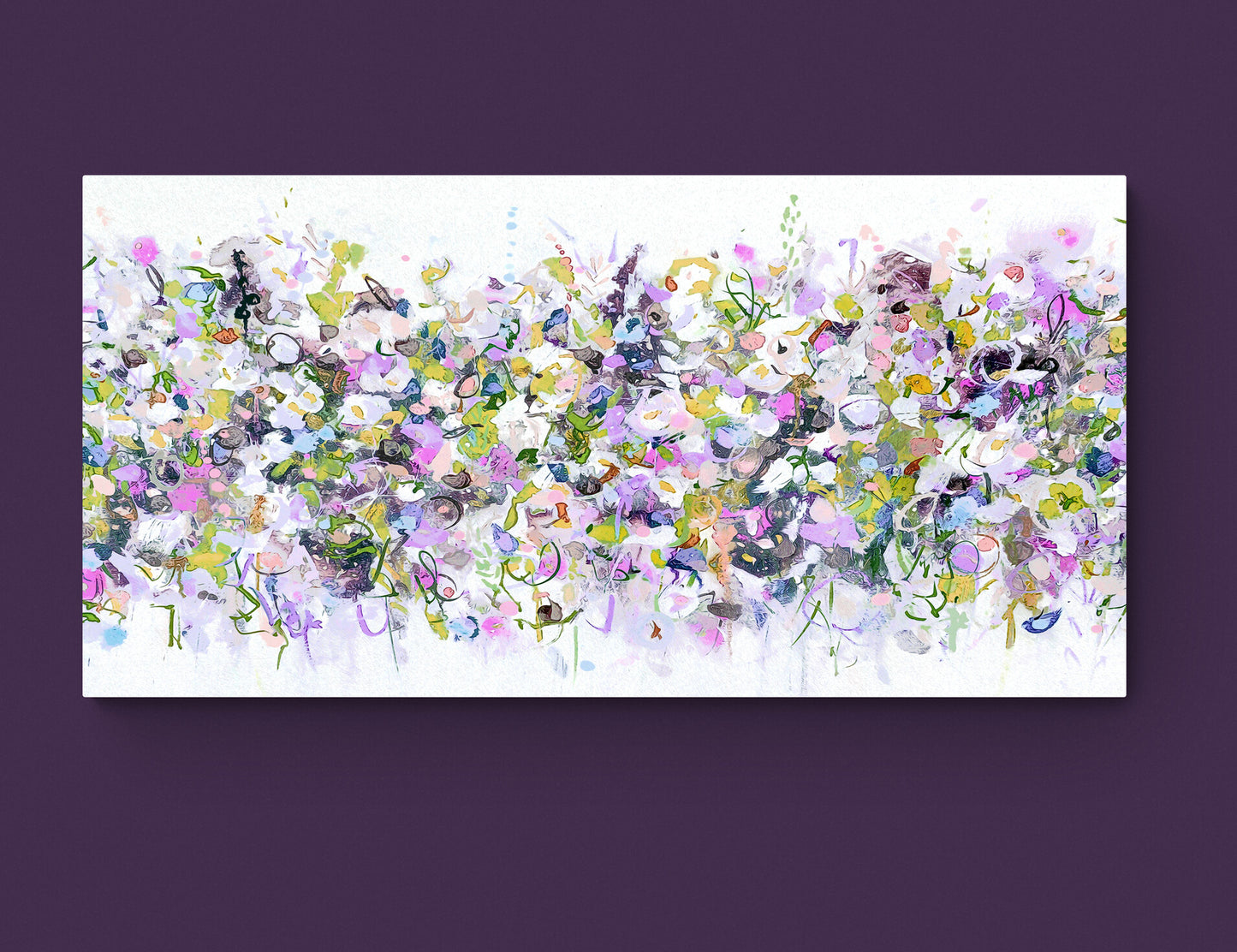 Pink, Purple and White Abstract Floral Art Panoramic Giclee Print on Stretched Canvas