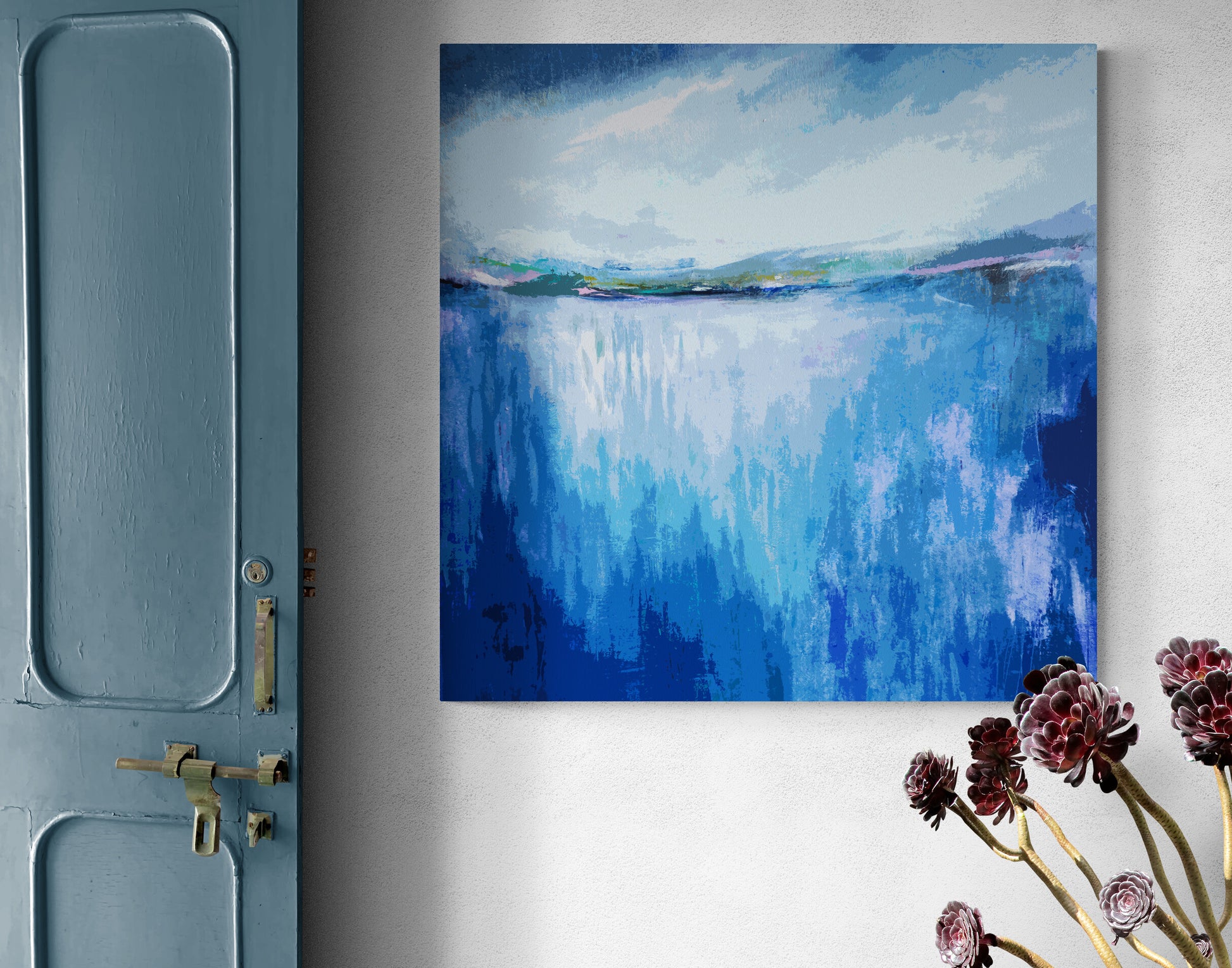 blue abstract landscape art print