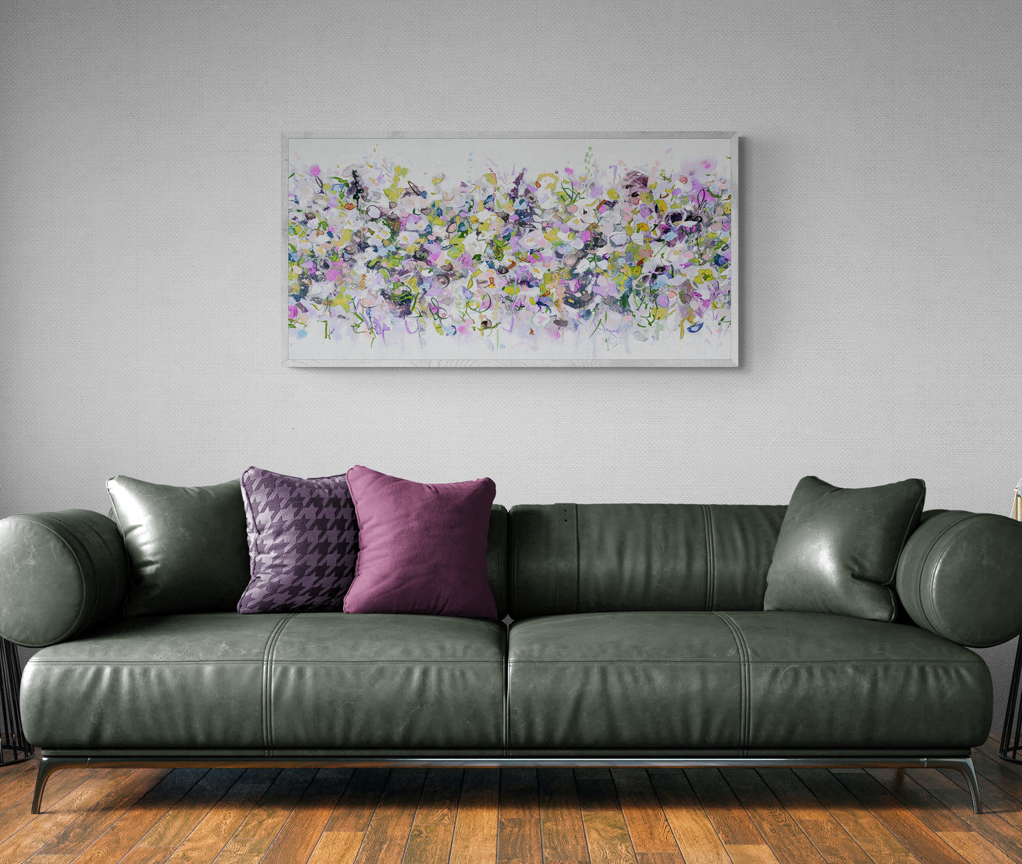 Pink, Purple and White Abstract Floral Art Panoramic Giclee Print on Stretched Canvas