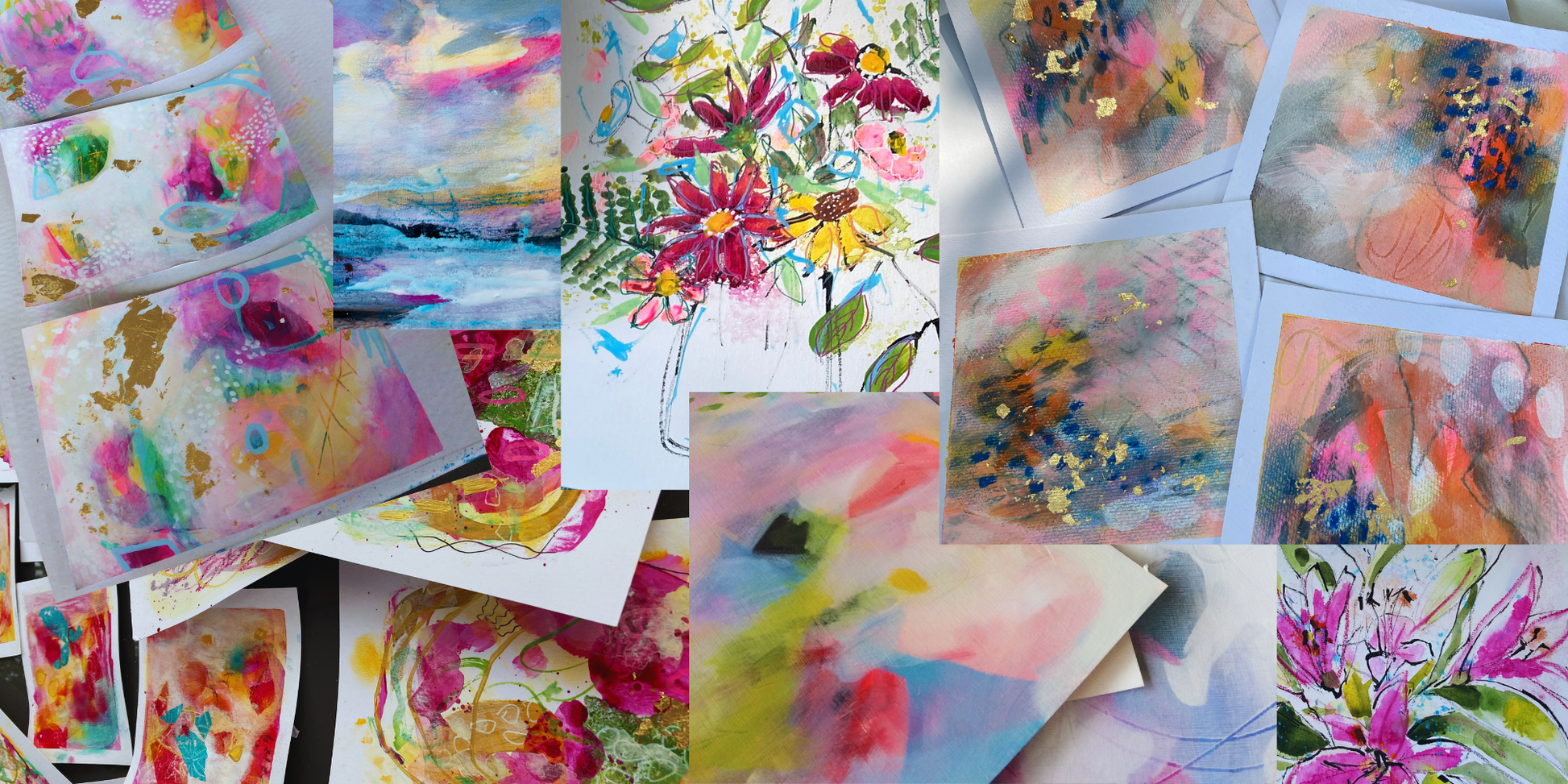 Collage of various original paintings with abstract, floral and landscape themes.
