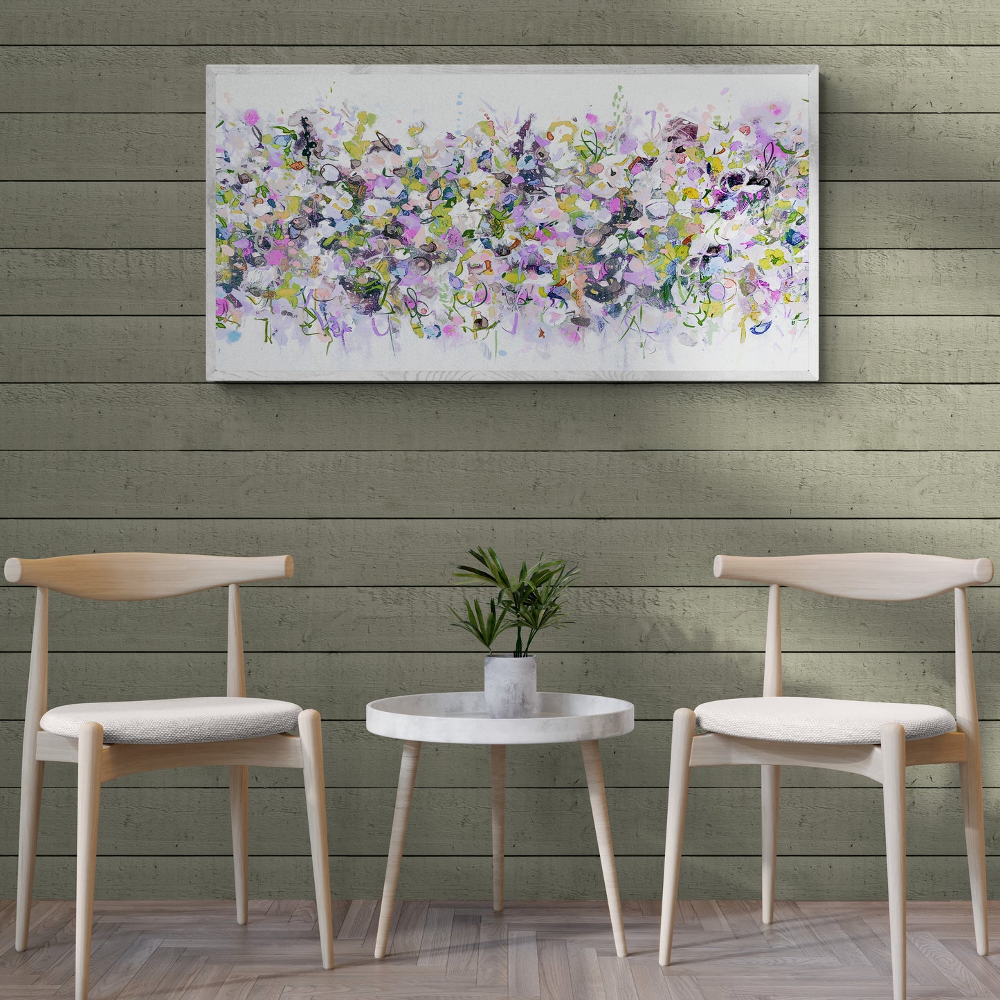 Pink, Purple and White Abstract Floral Art Panoramic Giclee Print on Stretched Canvas