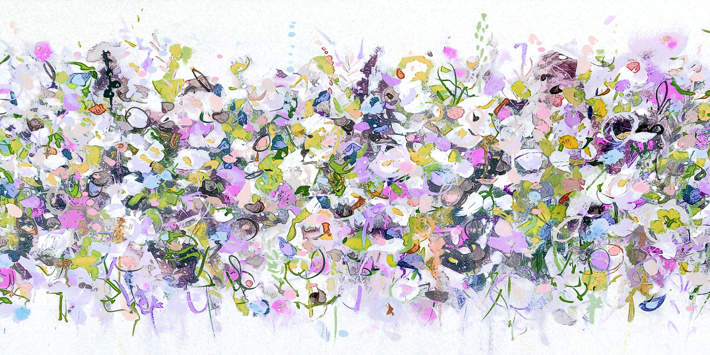 Pink, Purple and White Abstract Floral Art Panoramic Giclee Print on Stretched Canvas