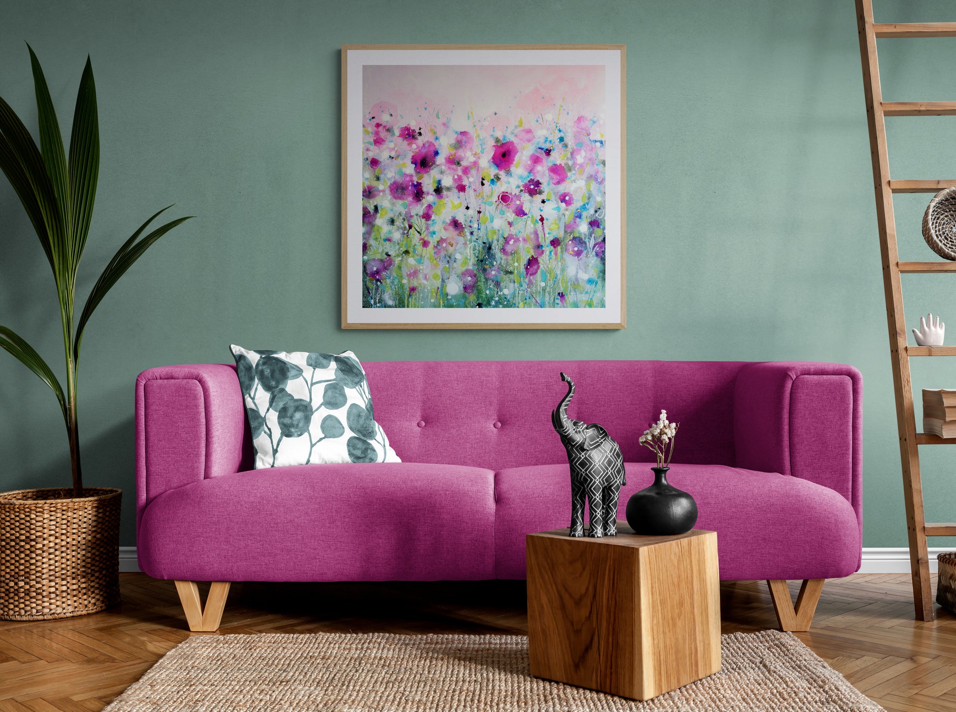 pink floral art painting