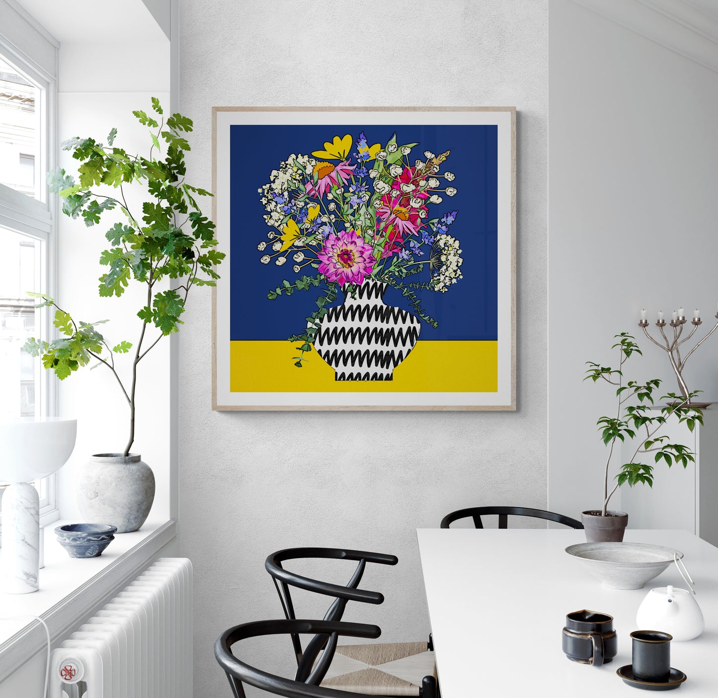 Navy and Yellow Floral Bouquet Wall Art Print on Stretched Canvas or Fine Art Paper