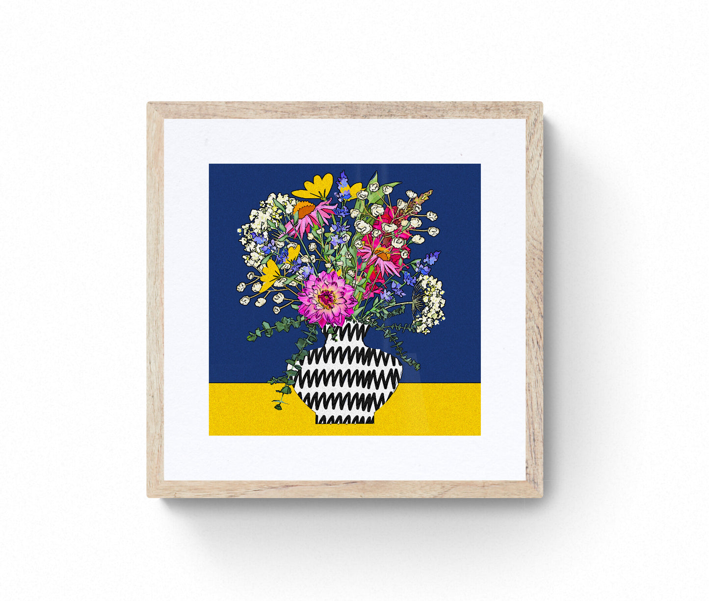 Navy and Yellow Floral Bouquet Wall Art Print on Stretched Canvas or Fine Art Paper