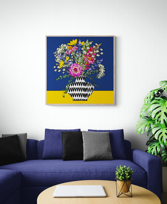 Navy and Yellow Floral Bouquet Wall Art Print on Stretched Canvas or Fine Art Paper