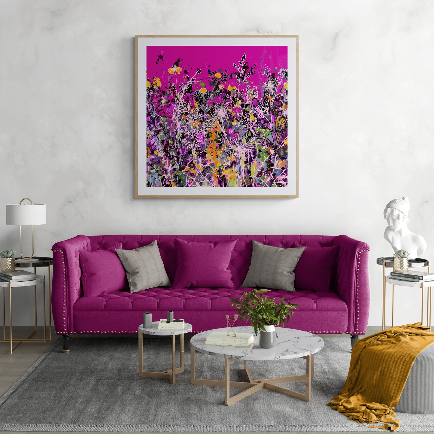 Magenta Floral Meadow Wall Art Print on Stretched Canvas or Fine Art Paper