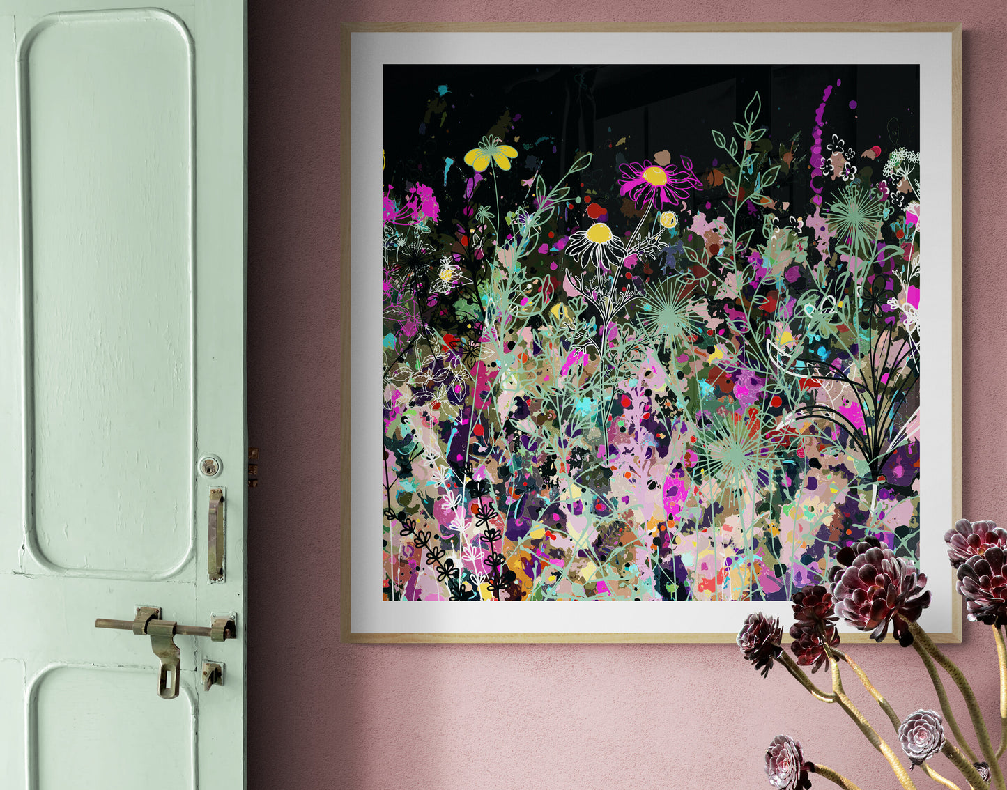 Dark Floral Meadow Wall Art Print on Stretched Canvas or Fine Art Paper - FM104