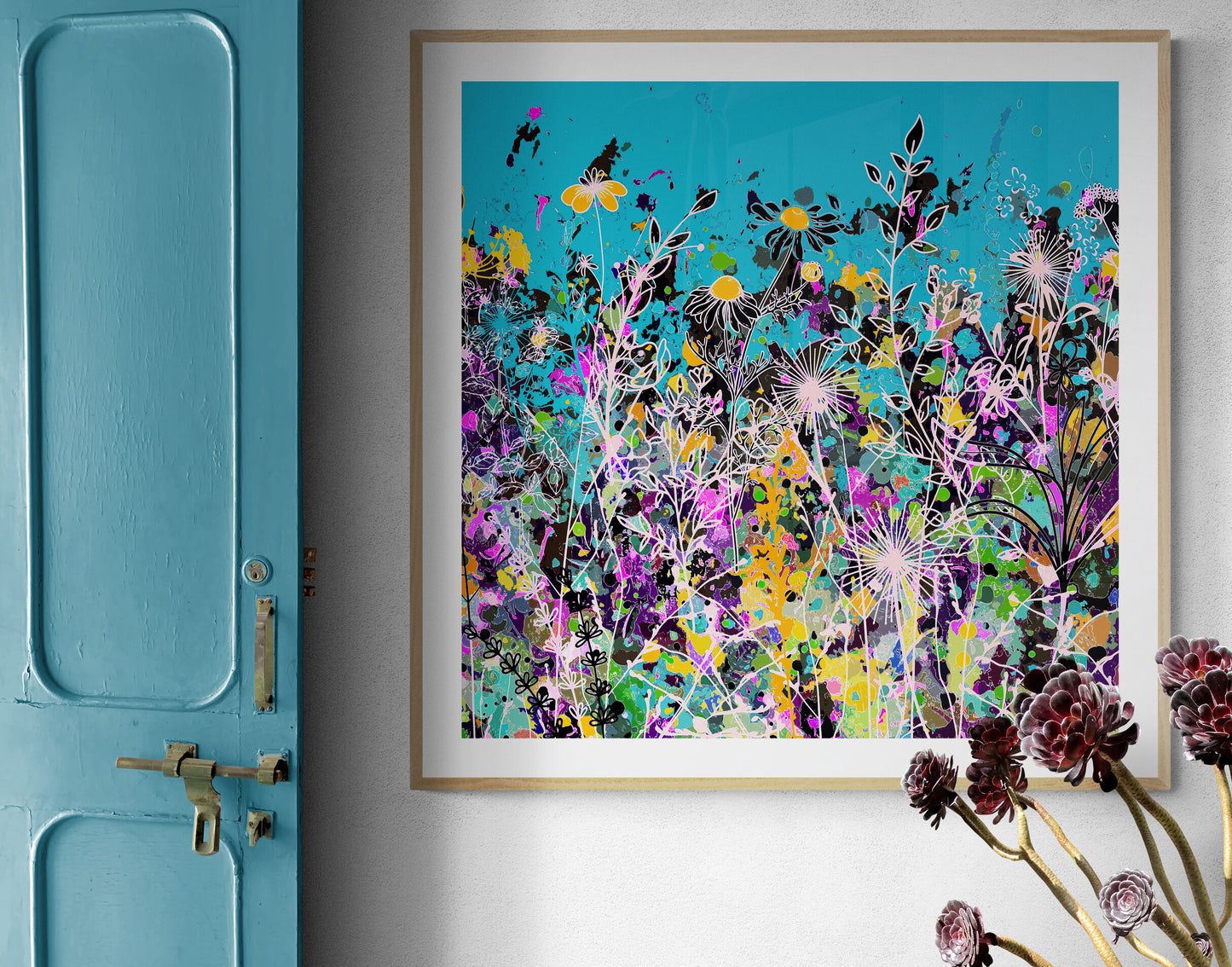 Teal Floral Meadow Wall Art Print on Stretched Canvas or Fine Art Paper