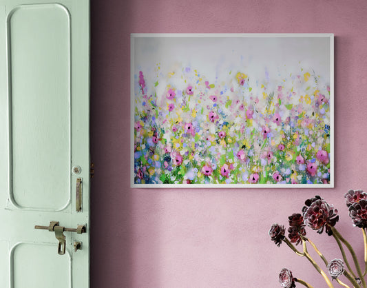 pink and green floral painting print