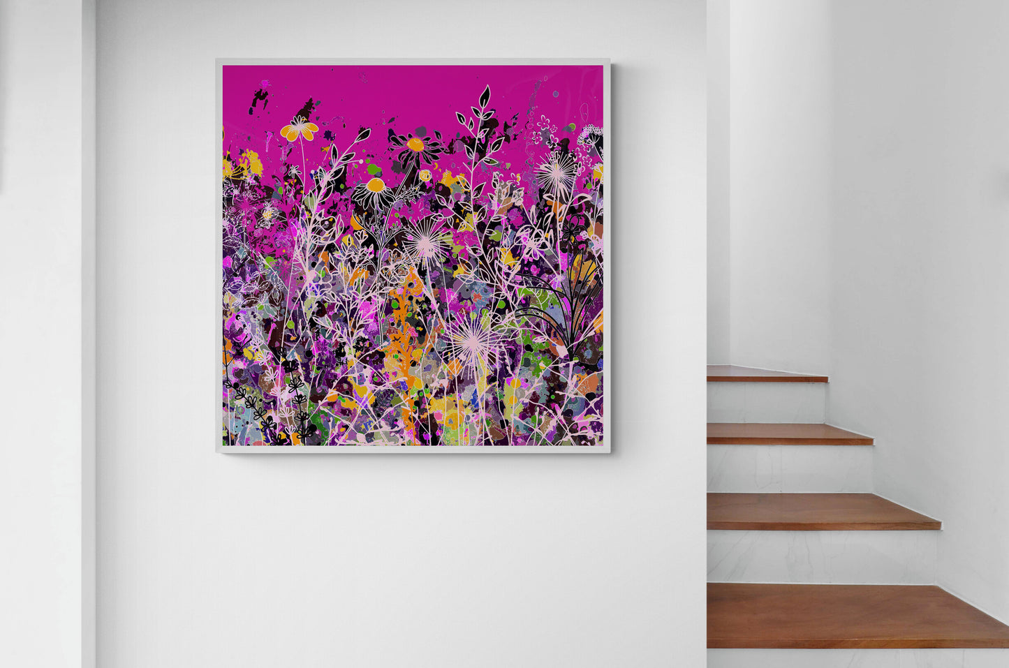 Magenta Floral Meadow Wall Art Print on Stretched Canvas or Fine Art Paper