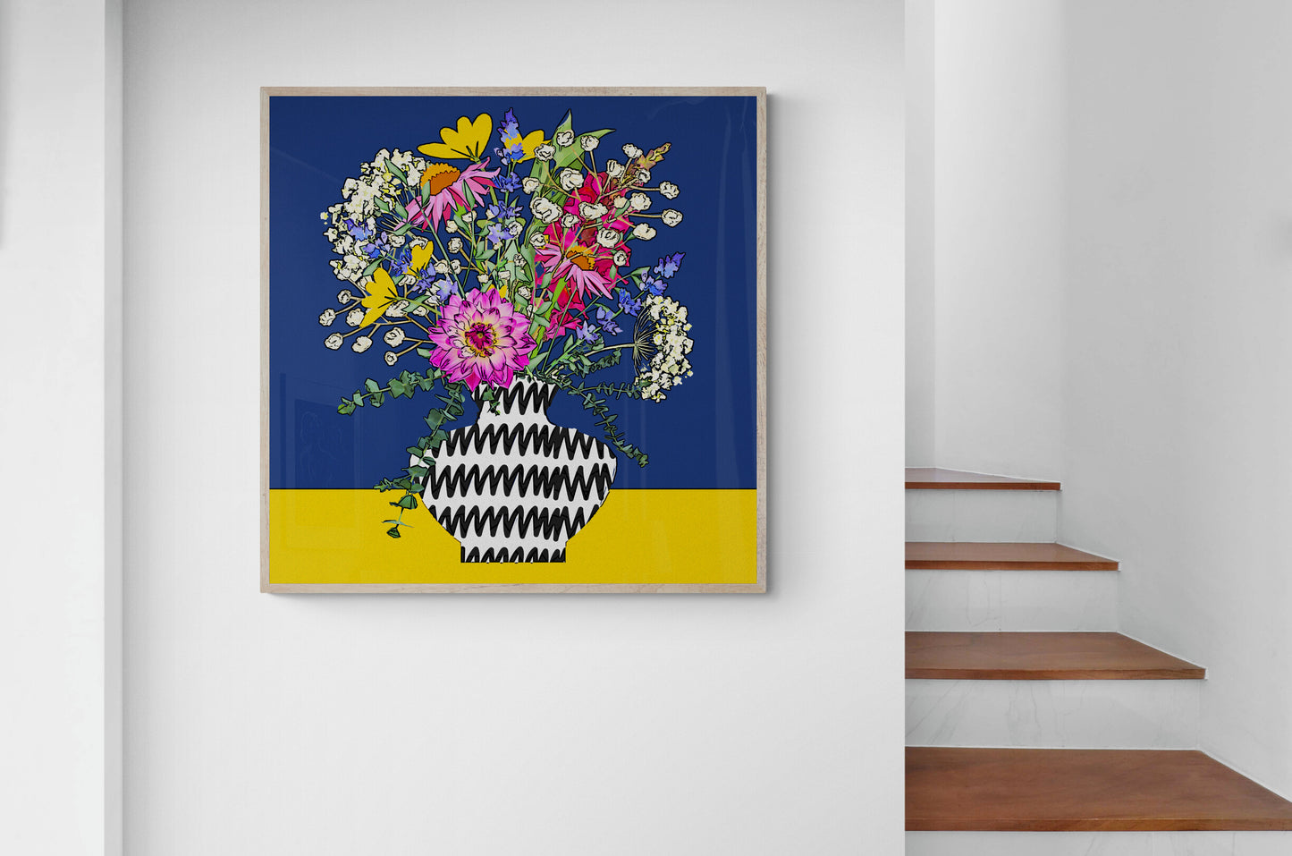 Navy and Yellow Floral Bouquet Wall Art Print on Stretched Canvas or Fine Art Paper