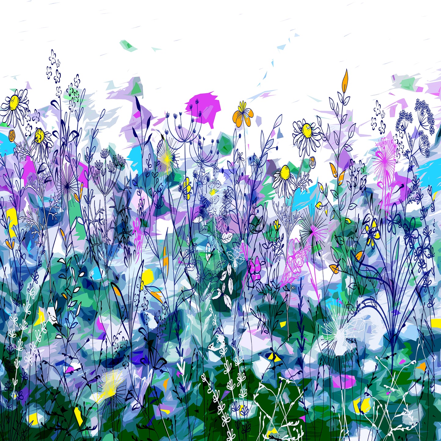 Purple and Green Floral Meadow Wall Art Print on Stretched Canvas or Fine Art Paper - DM40