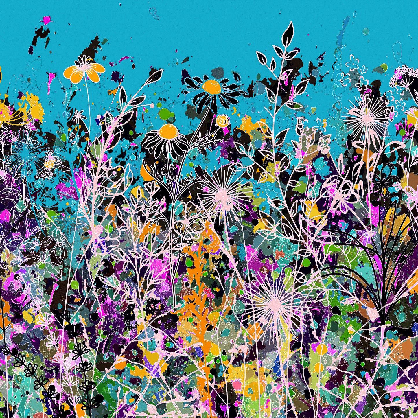 Teal Floral Meadow Wall Art Print on Stretched Canvas or Fine Art Paper