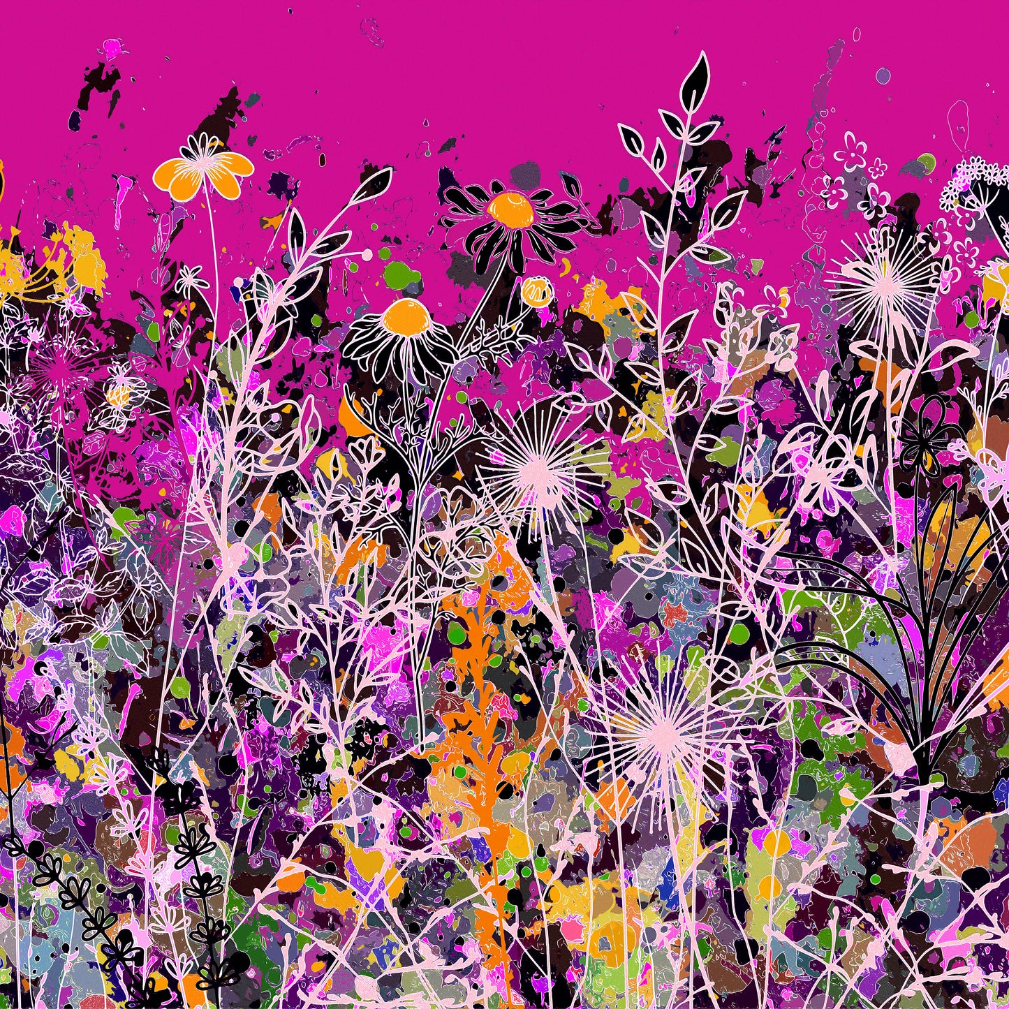 Magenta Floral Meadow Wall Art Print on Stretched Canvas or Fine Art Paper