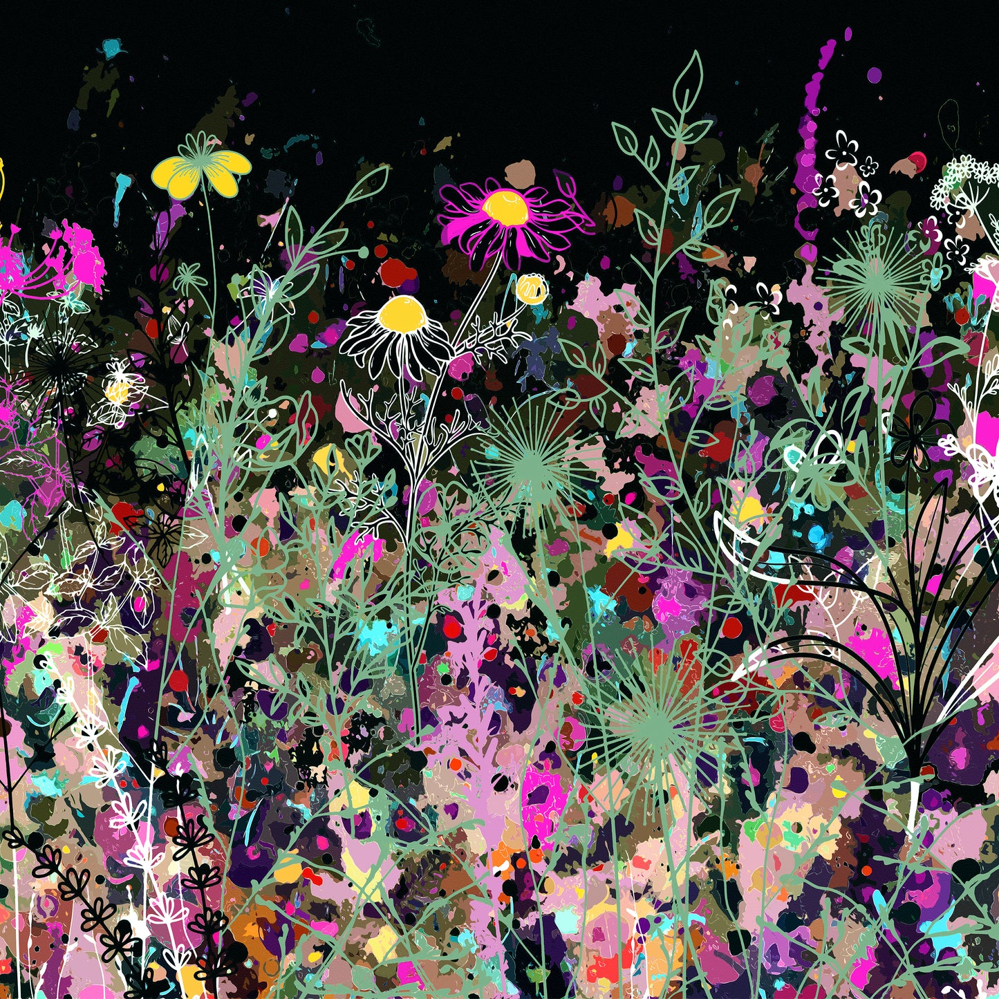 Dark Floral Meadow Wall Art Print on Stretched Canvas or Fine Art Paper - FM104