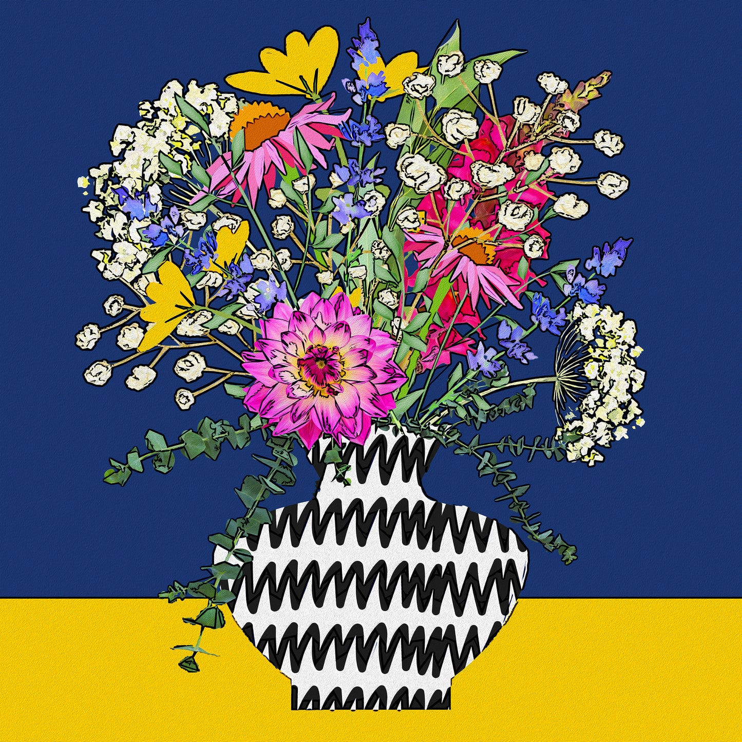 Navy and Yellow Floral Bouquet Wall Art Print on Stretched Canvas or Fine Art Paper